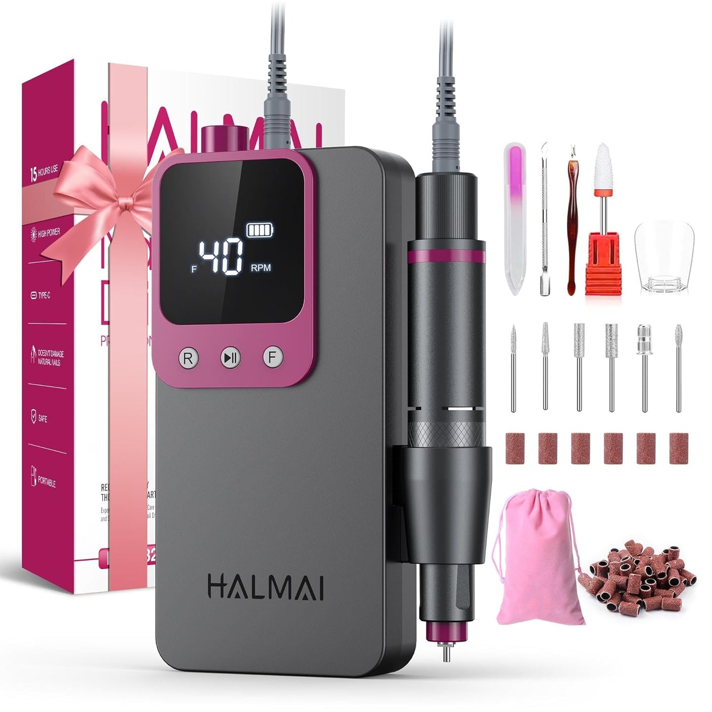 Electric Nail Drill Professional, Portable Nail File for Acrylic Gel Nails, Cordless Rechargeable Ultra Power Nail Drill Kit 40000RPM, HMC320 Salon-Grade Efile Nail Machine (Dark Grey)