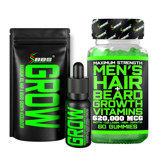 Beard Growth Kit w/GROW Beard Oil for Men (Mens Beard Growth Serum) + Biotin Gummies Beard Growth Vitamins & Hair Growth Vitamins for Men