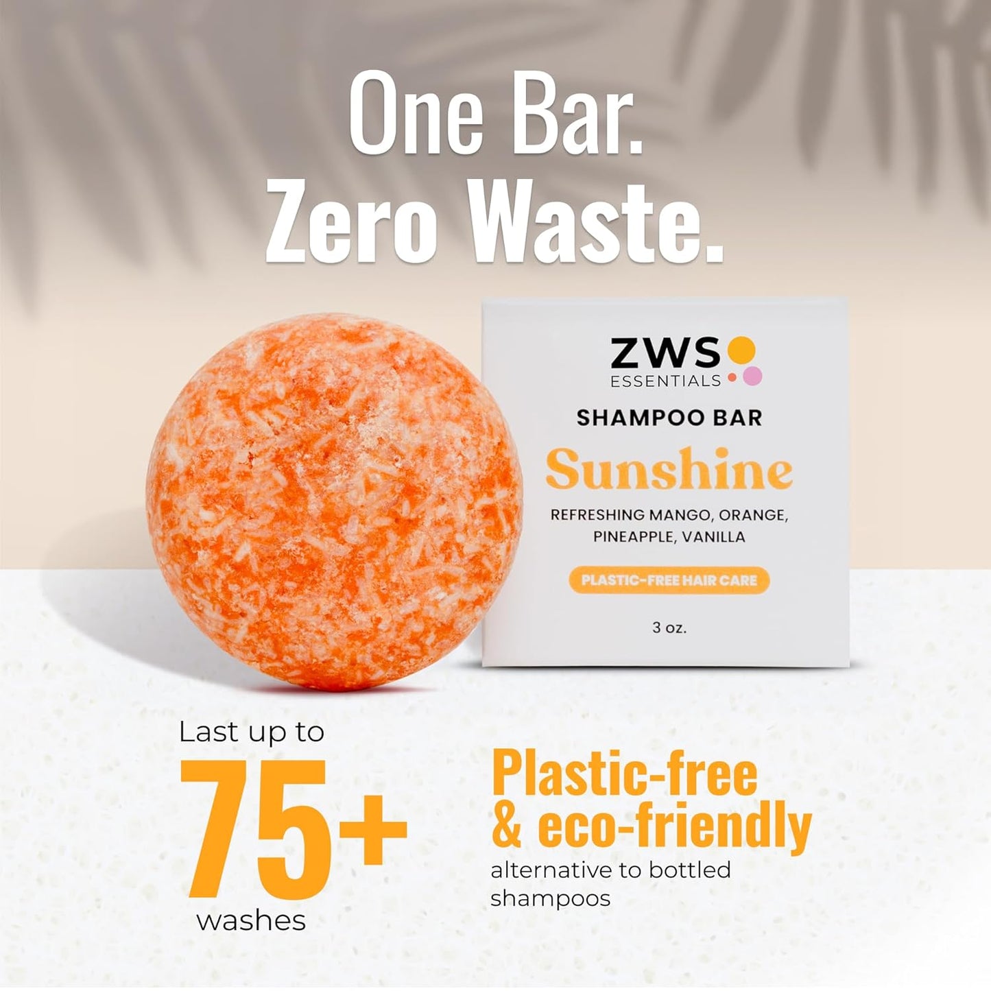 Sunshine Shampoo Bar, Vegan Solid Hair Cleanser with Mango, Orange, Pineapple, and Vanilla, for All Hair Types, Zero Waste, Travel-Friendly, Clean Beauty