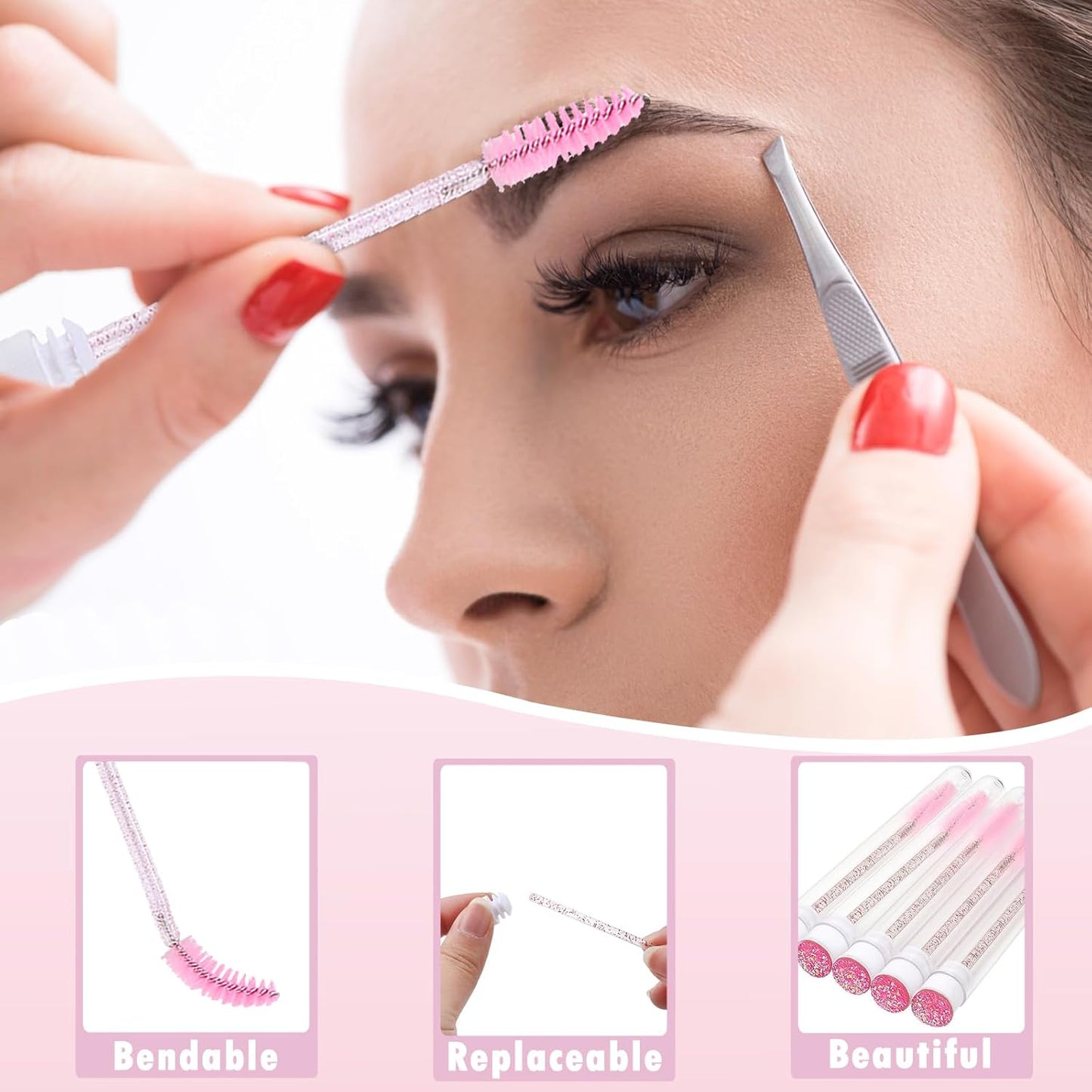 50PCS Lash Shampoo Bottles Brushes Set, Empty Lash Shampoo Bottle, Lash Cleaning Brush, Eyelash Extension Tube Brush, Instructions Cards, Aftercare Bags for Lash Business Clients (50pcs in pink)