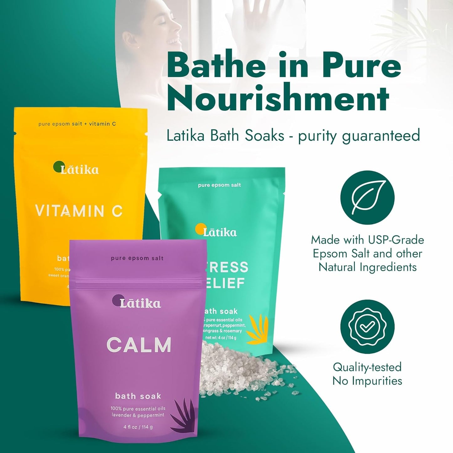 Soaks Set of 3 – Rejuvenate, Calm & Stress Relief Bath Soak with Essential Oils | Epsom Salt for Muscle Recovery & Skin Nourishment | Vitamin C, Lavender Mint, Grapefruit & More