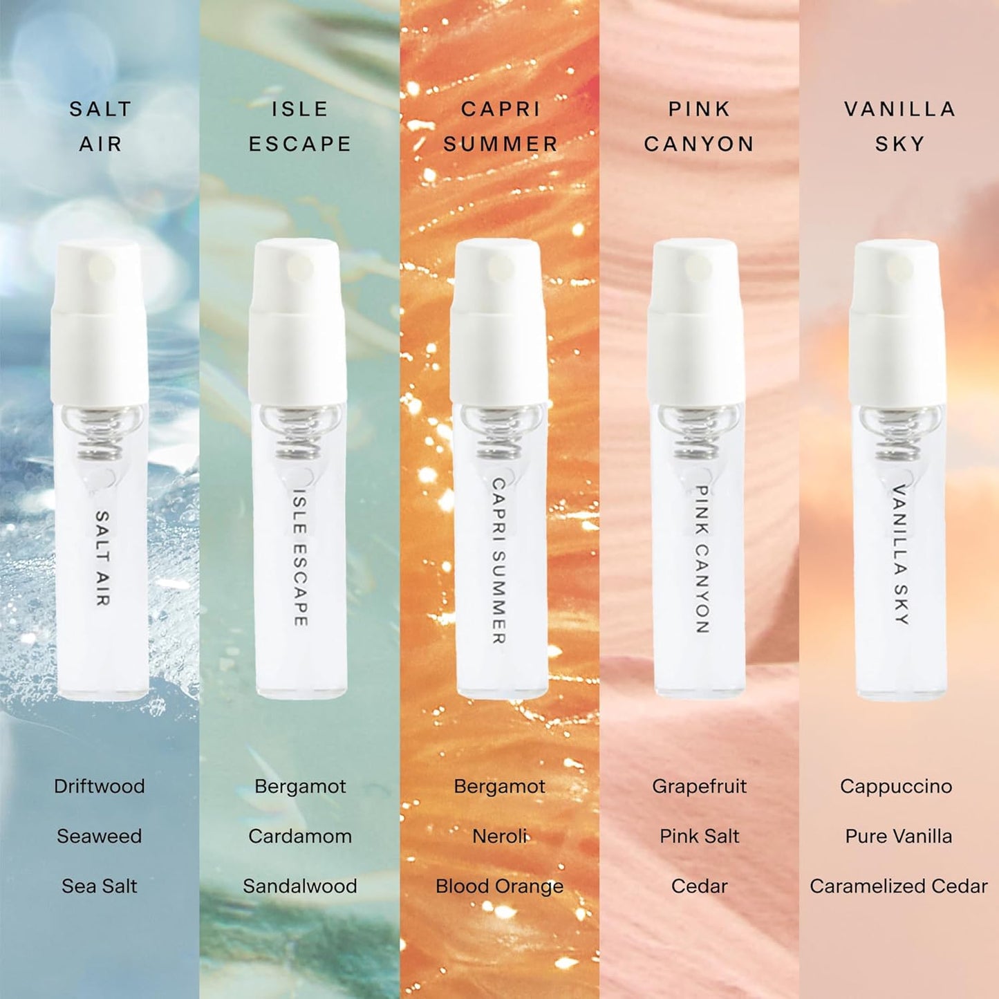 Skylar Perfume Discovery Spray Sampler Set - Salt Air, Isle Escape, Capri Summer, Pink Canyon, Vanilla Sky- Hypoallergenic & Clean Perfume for Women & Men - 5 1.5mL