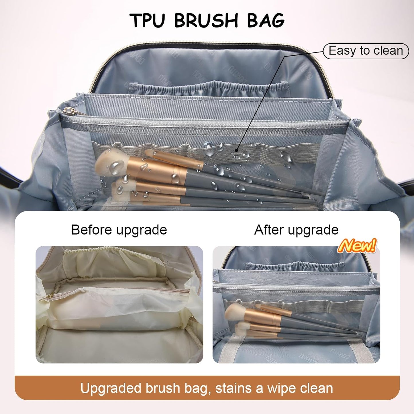 BOYATU Travel Makeup Bags for Women: Vegan Leather Cosmetic Bag Set of 3 - Large Capacity Make up Bag with Divider - Wide Open Waterproof Toiletry Organizer Bag with Handle (05-Brown)