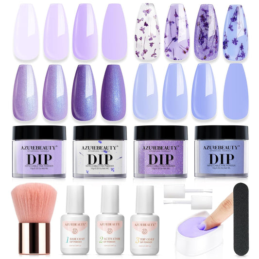 AZUREBEAUTY Purple Twilight Bloom Dip Powder Nail Kit Starter with Base, Top Coat, Activator, Spring Summer Dried Flowers for French Nails Art Manicure DIY Salon