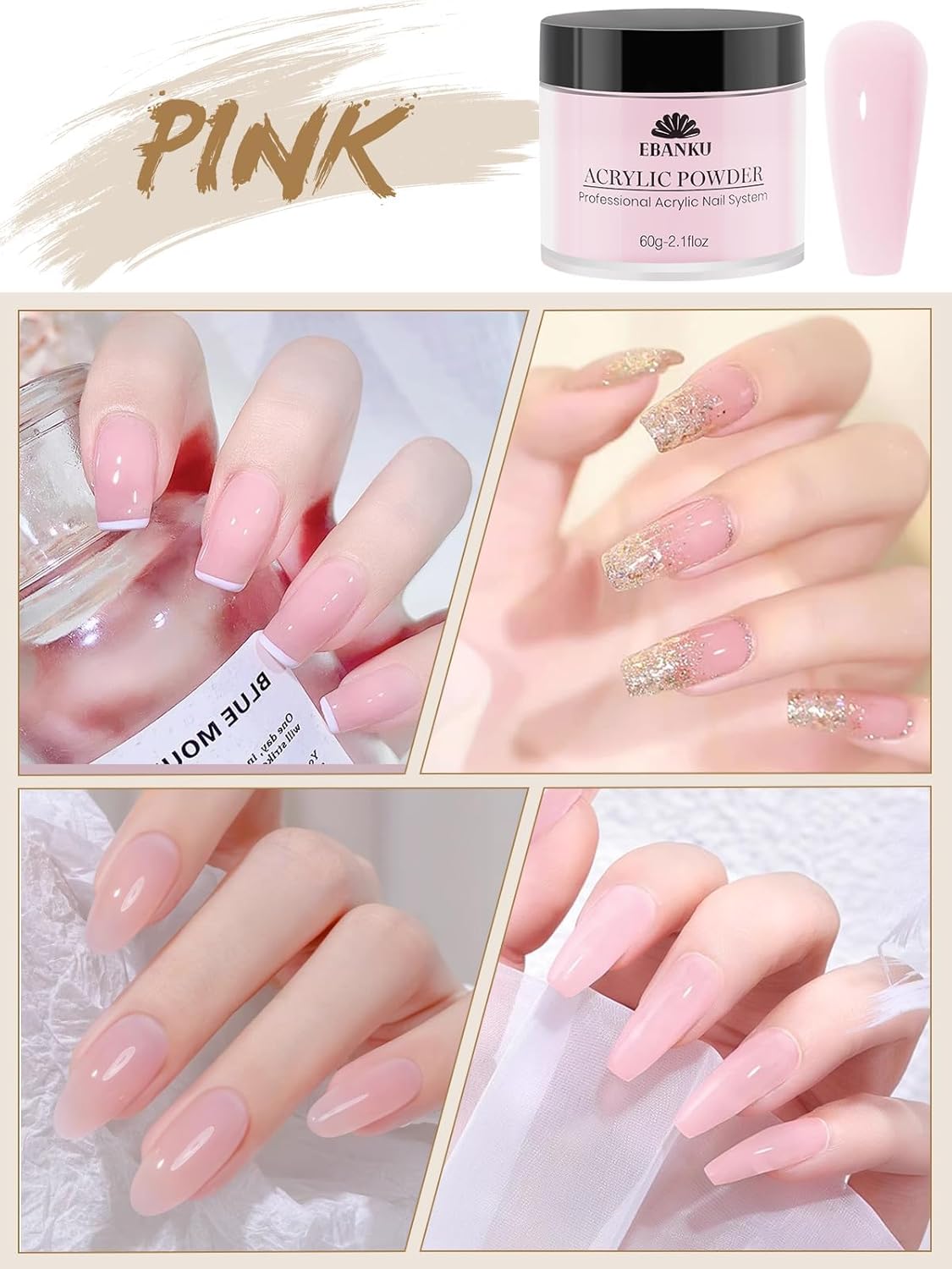EBANKU Acrylic Nail Powder Set, Nude Pink Acrylic Powder for Nail Extension, Carving | Colored Acrylic Nail Powders for French Nail Extension, Gifts for Women (2 * 60G)