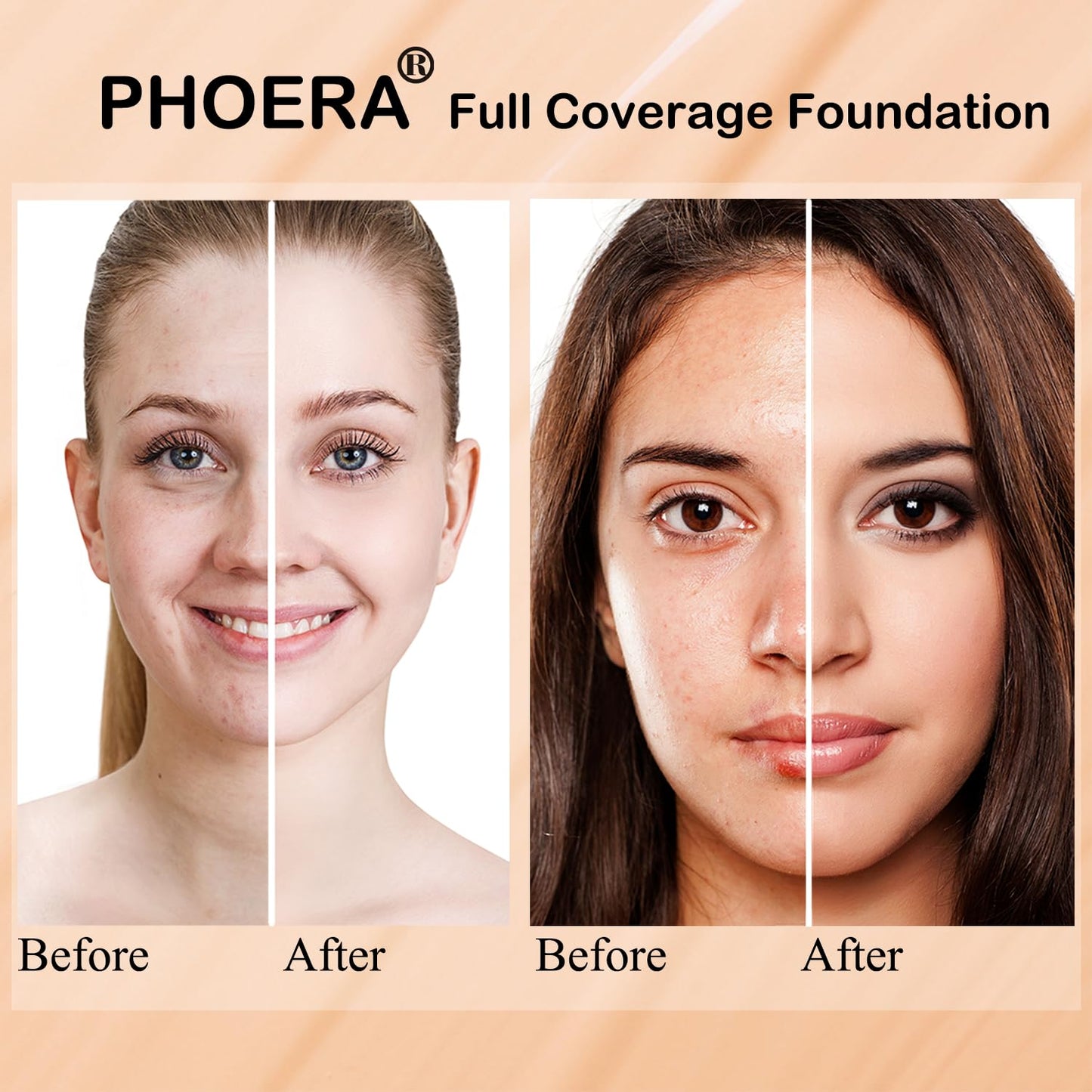 PHOERA Foundation,6Pcs Matte Liquid Lipstick Makeup Set, Matte liquid Long-Lasting Wear,PHOERA Makeup Foundation Full Coverage(101- Porcelain)