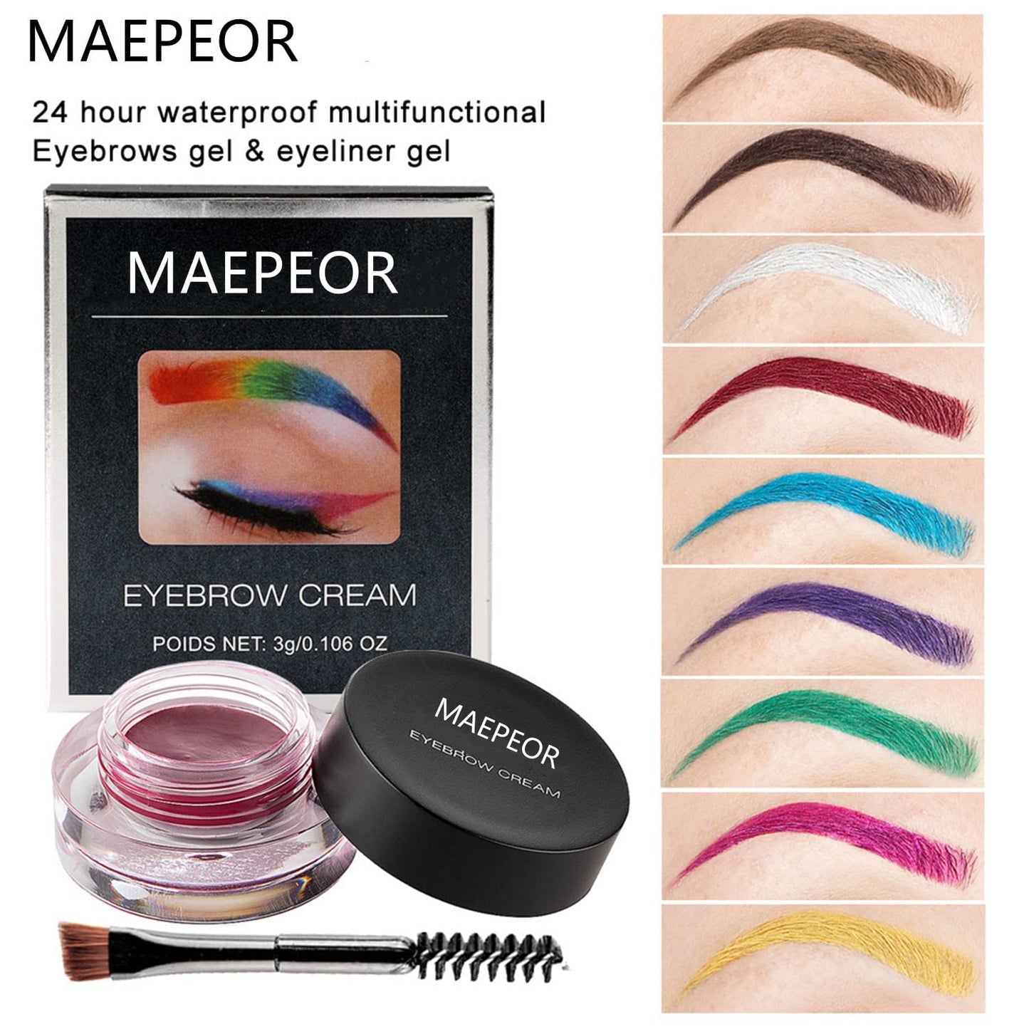 MAEPEOR 12 Colors Eyebrow Pomade Full-pigmented Long Lasting Waterproof Eyebrow Cream Gel Filling & Shaping Tinted Eyebrows Enhancers with Brush for Daily or Cosplay (10 Green)