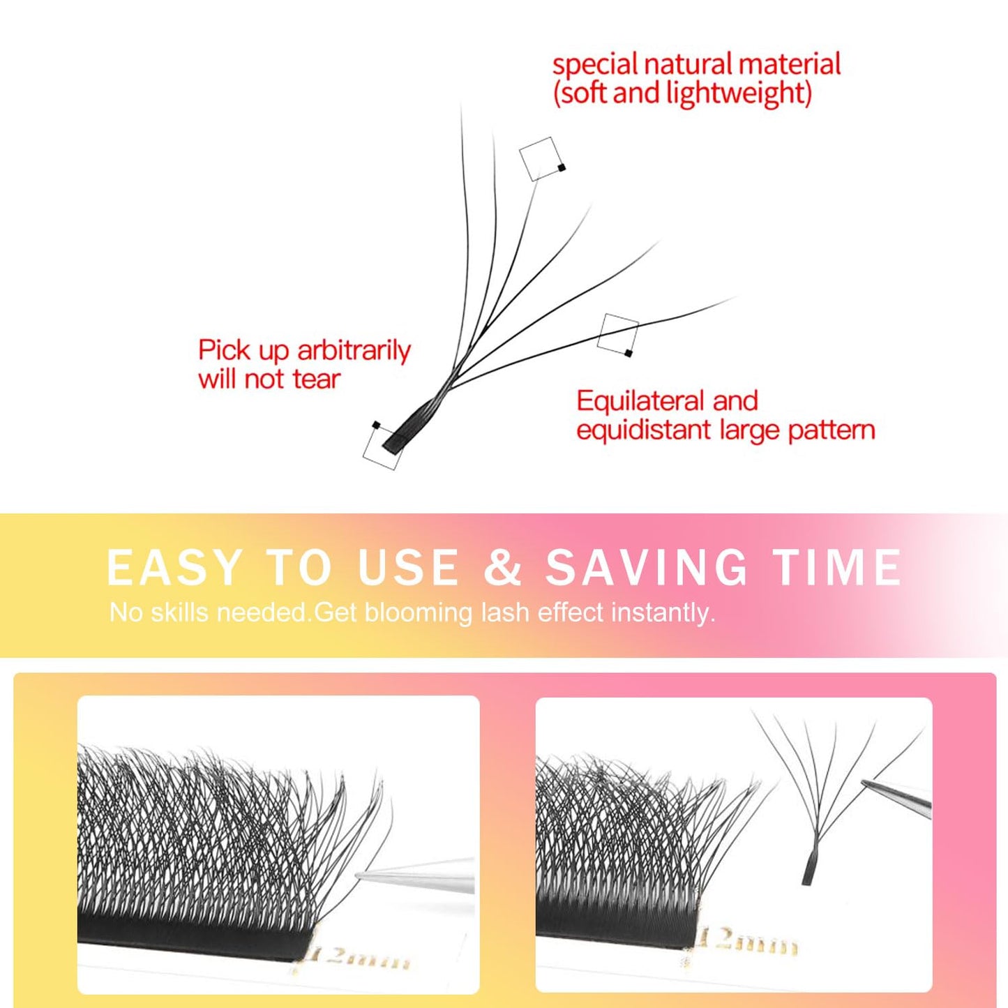 Lash Extensions 6D Eyelash Extensions W Lashes 0.07mm Thickness D Curl Lashes Mix 8-15mm Soft Lash Trays Volume Lash Extension Natural Matte black False Eyelashes Professional Use(W-6D-0.07-D,8-15mm)