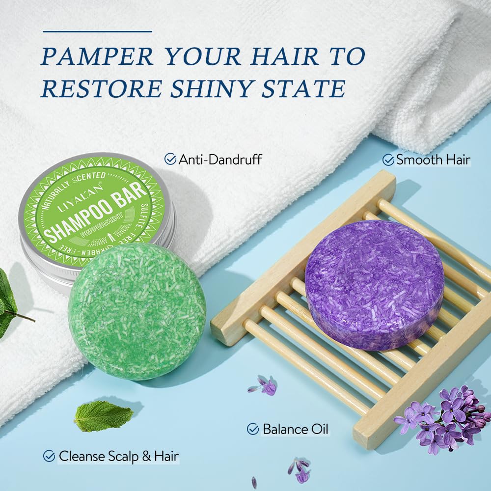 LIYALAN Lavender and Peppermint Shampoo Bar for Hair Solid Soap(2 Pack),Deep Cleansing Hair Shampoo for Fine Oily Hair