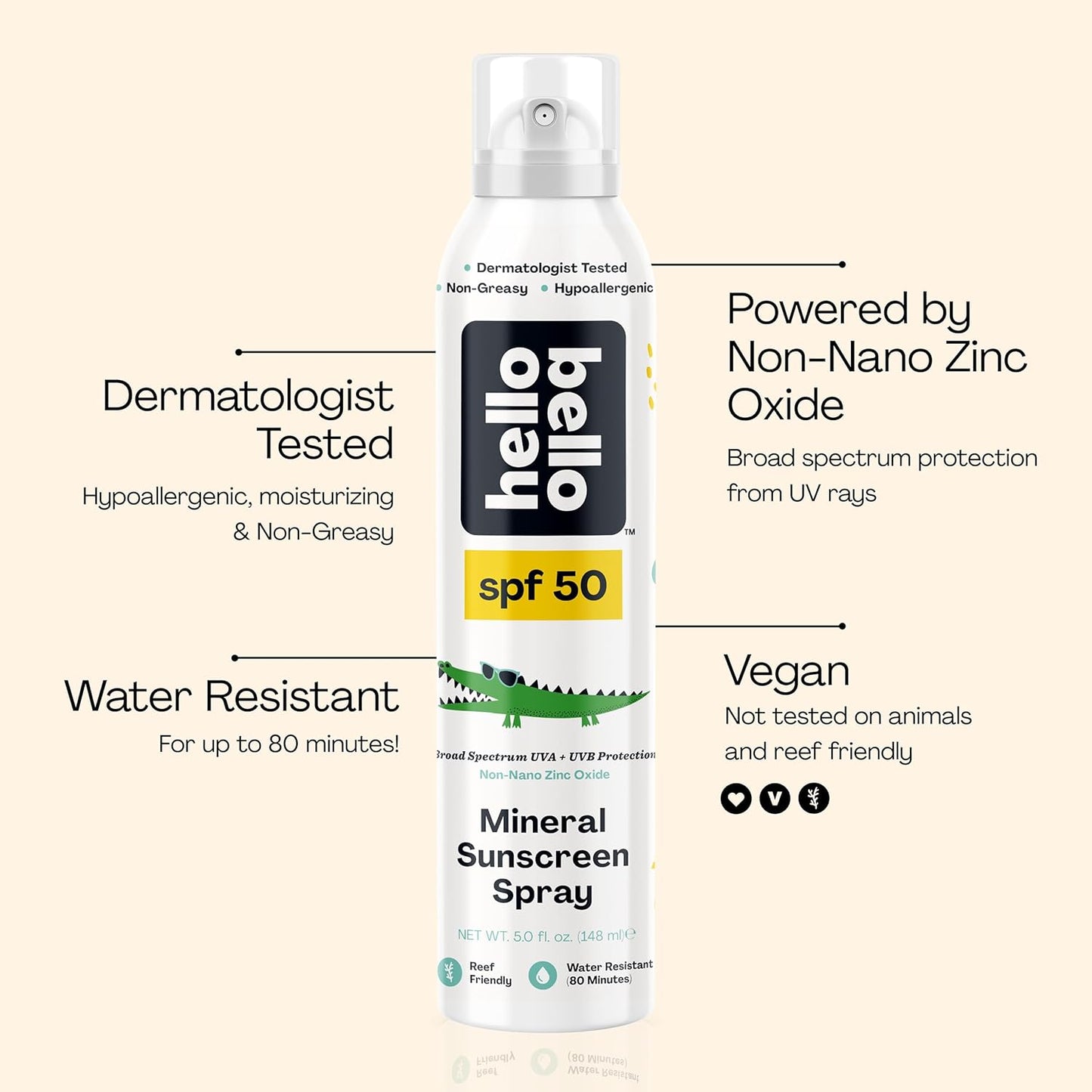 Hello Bello SPF 50 Kids Mineral Sunscreen Spray, Hypoallergenic Broad Spectrum UVA and UVB Protection, Reef Friendly and Water Resistant, 5 oz