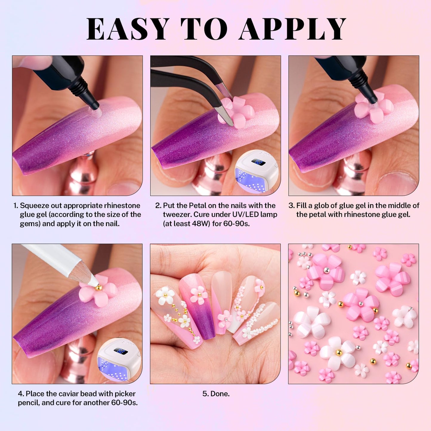 3D Flowers Manicure Gems with Nail Rhinestone Glue Gel, Colorful Acrylic Flower Nail Charms with Caviar Beads, Rhinestones and Gem Glue for Nails (UV/LED Needed) with Pickup & Dotting Tools