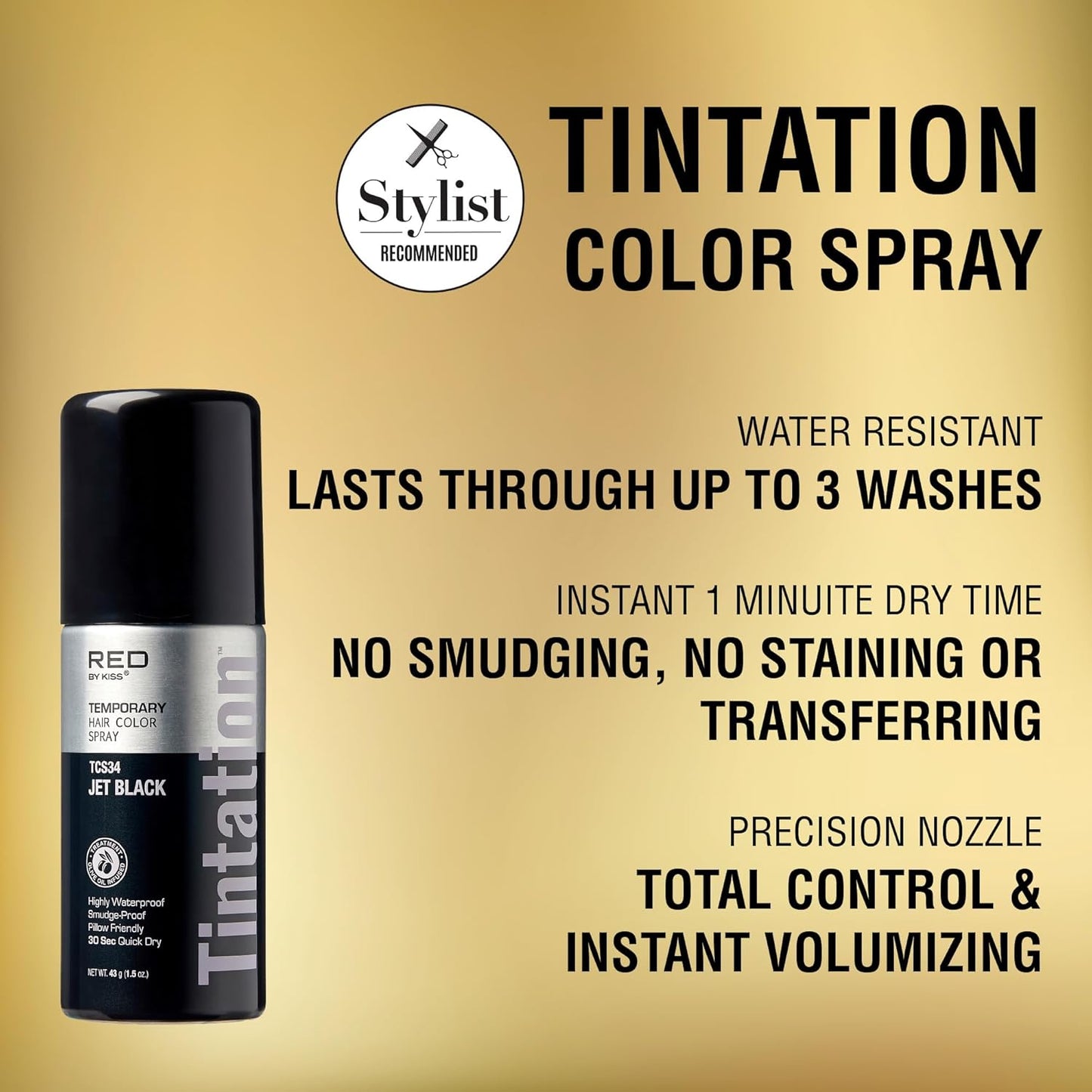 RED by Kiss 1.5OZ. Tintation Temporary Hair Color Spray, Instant Gray Root Cover Up, Water-Resistant, Smudge-Proof, Hairline & Barber Touch-Up, Quick Dry, Travel Size Spray (Jet Black)