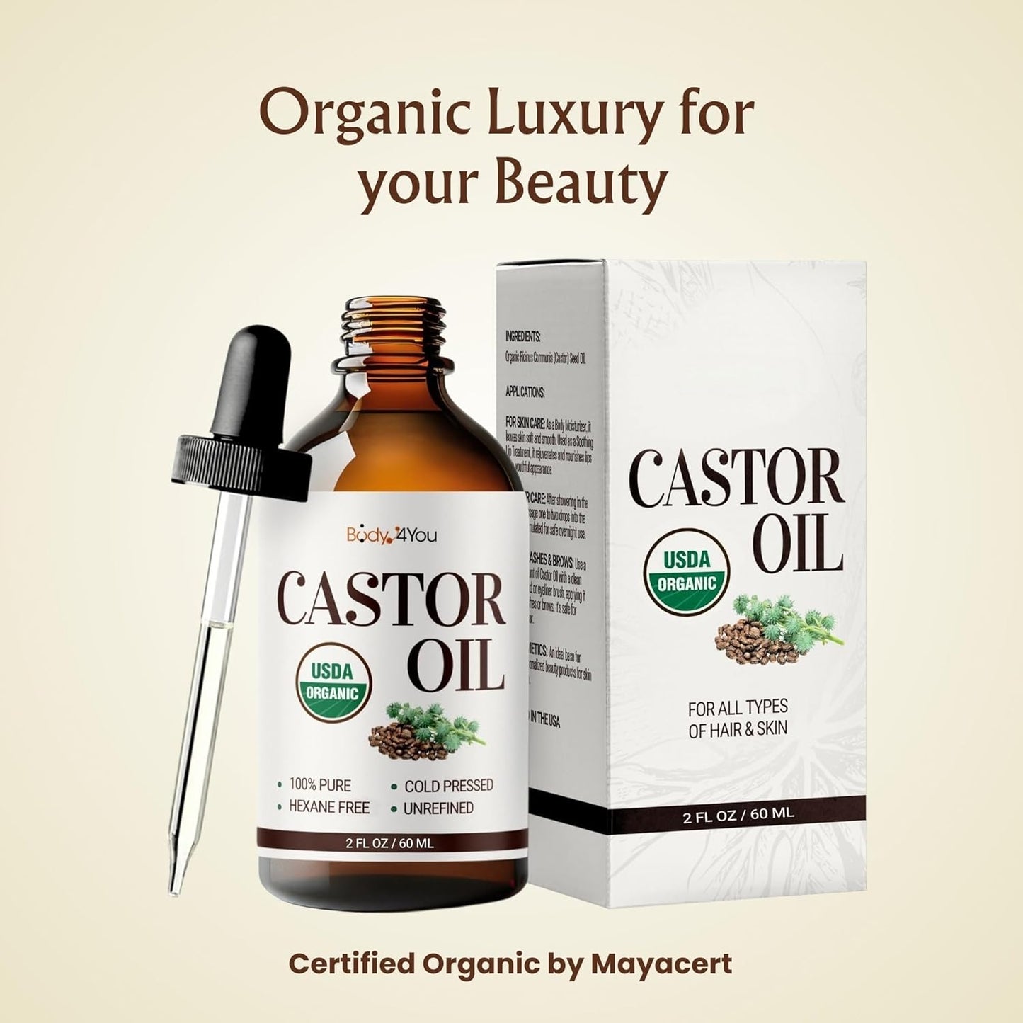 BodyJ4You Castor Oil for Eyelashes Eyebrows - 100% Pure Natural USDA Organic Cold Pressed - Hydrating Skin Hair Growth Oil Lashes Scalp - Non-GMO Hexane Free Unrefined Carrier - Glass Bottle 2 Fl Oz