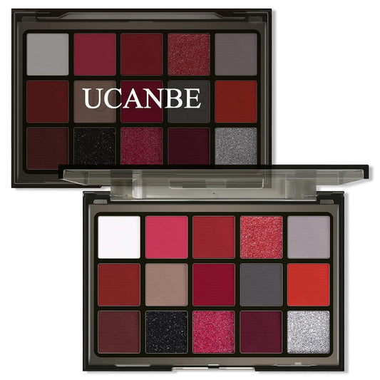 UCANBE Red Eyeshadow Makeup Palette, 15 Colors Burgunry Gray Silver Shimmer Matte Glitter Metallic Eye Shadow Pallet, Pigmented Make Up Kit for Halloween Parties Christmas Joker Vampire Clown