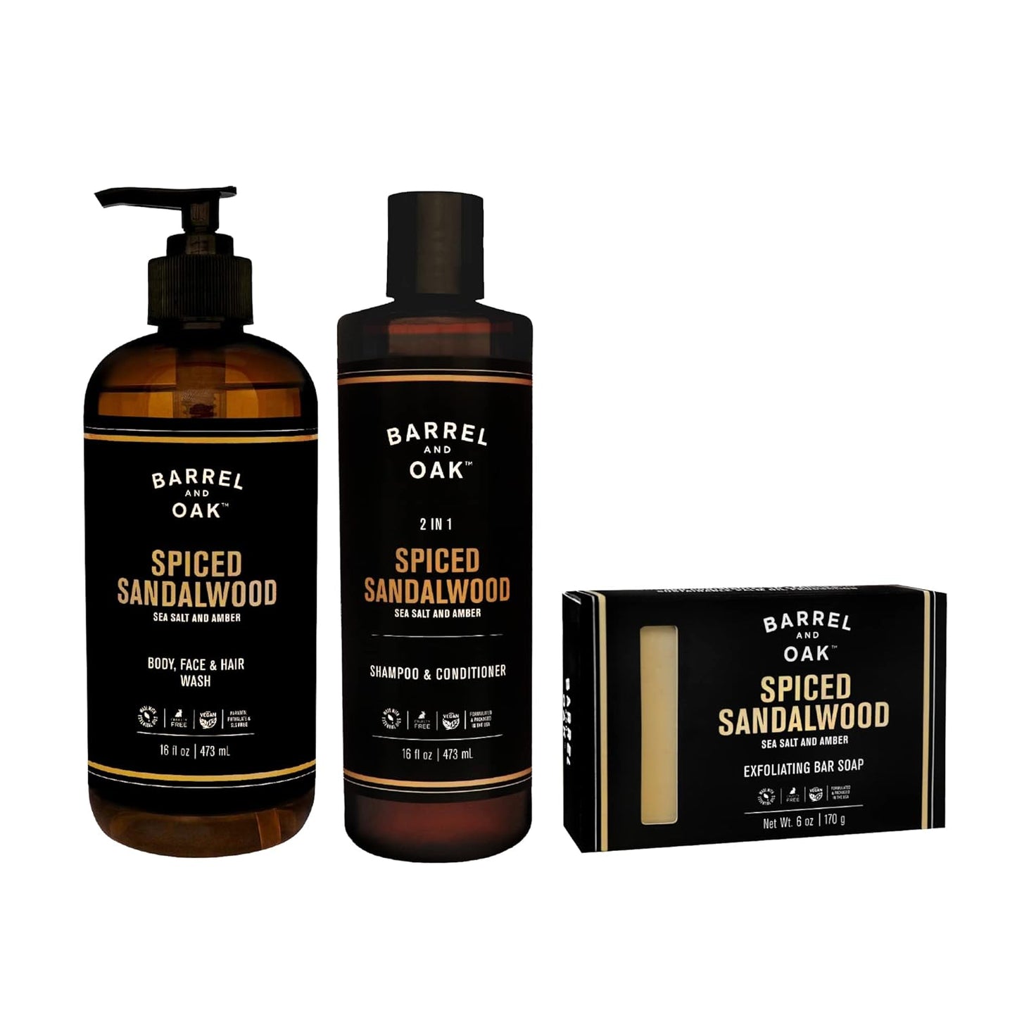 Barrel and Oak - Spiced Sandalwood Body Care Set, Fragrant Sea Salt & Amber Scent, Rich in Essential Oils, Hydrating Formulas, Rich Texture, No Parabens or Phthalates, Certified Organic (3-Pack Set)