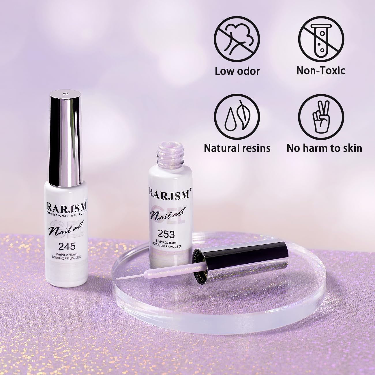 RARJSM Pearl Gel Liner Nail Art 2 Pcs Set Pearlescent Milky White Light Purple Golden Shell Glitter Swirl Effect Gel Nail Polish 8ml Build in Thin Brush Painted Striper GelPolish Curing Requires