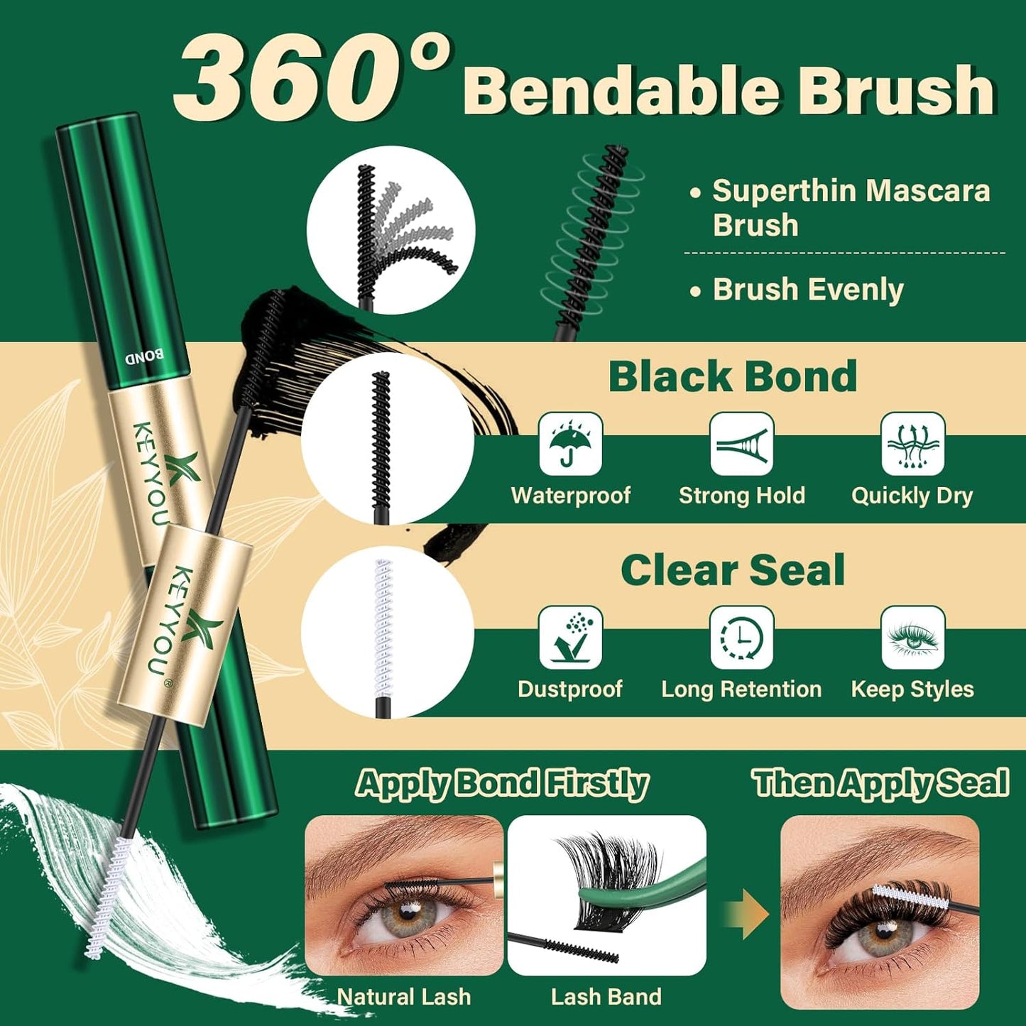 KEYYOU Lash Clusters Kit 182pcs Thick Volume Lash clusters 200D D Curl Wispy Easy to Apply with Lash Bond and Seal Lash Applicator Lash Remover Lash Extension Kit at Home(RMkit-200D-D-10-18mix)