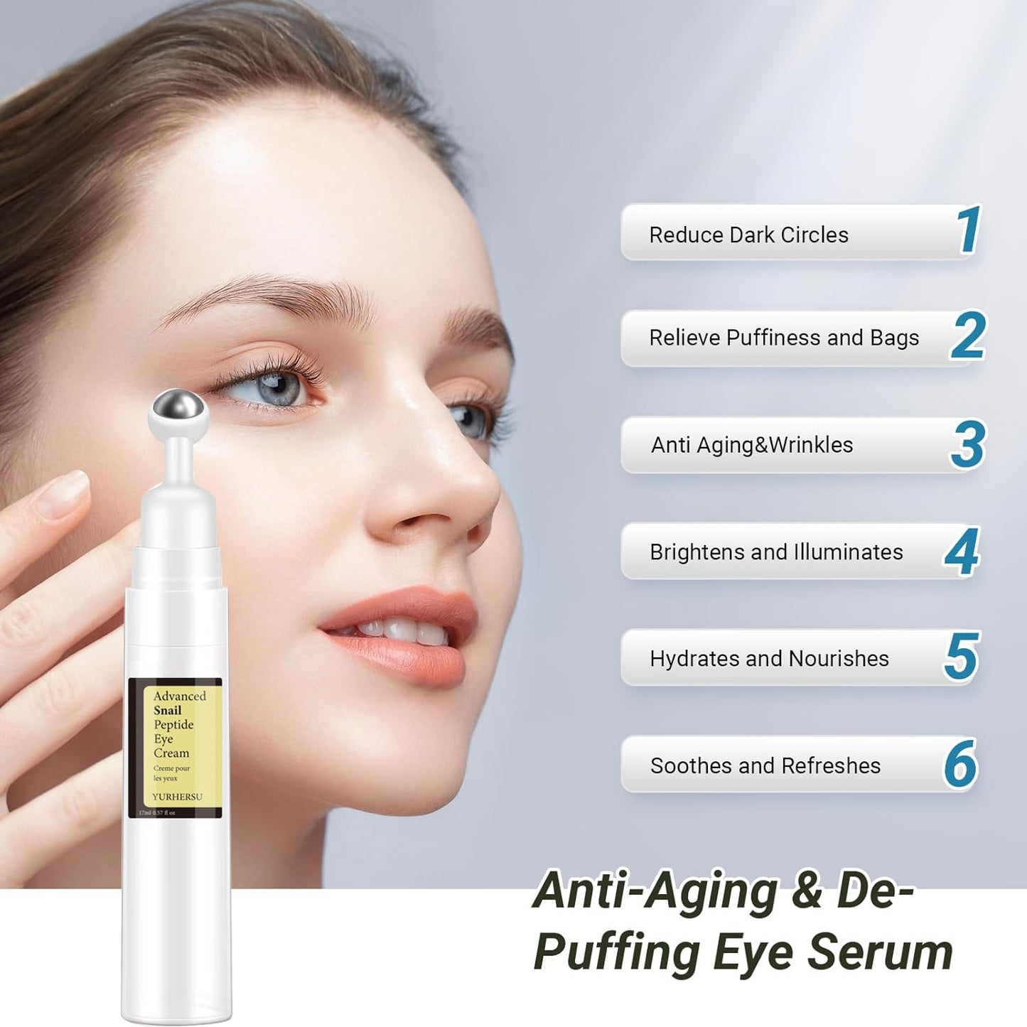 Snail Peptide Under Eye Cream with 73% Snail Mucin & 2% Nicotinamide for Dark Circles, Puffiness & Wrinkles, with 360° Massaging Roller Ball, 0.57 fl oz