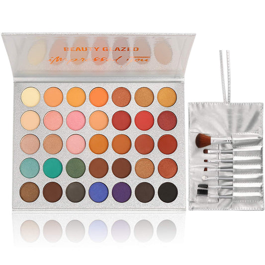 35 Colors Eyeshadow Palette with 7Pcs Makeup Brushes Set, All in One Makeup Kit Matte Shimmer Pigmented Eye Shadow Pallete Waterproof Powder Natural Nude Naked Smokey