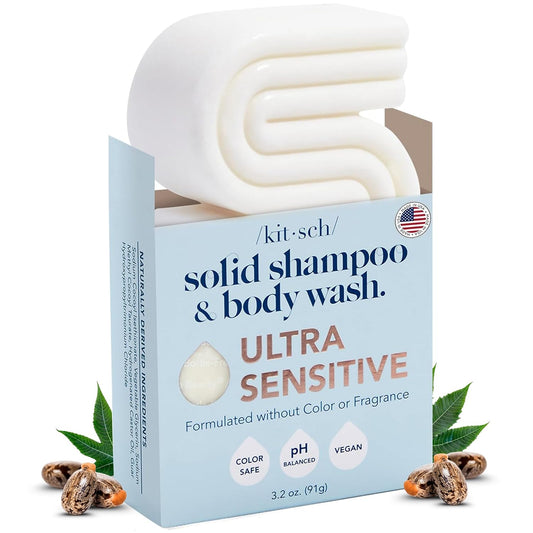 Kitsch 2-in-1 Shampoo Bar and Body Wash - Ultra Sensitive, Vegan & Natural, 5-Ingredient Formula Bar Soap for Hair & Body - Scent-Free, Paraben-Free - For Sensitive Scalp & Skin - 3.2 oz