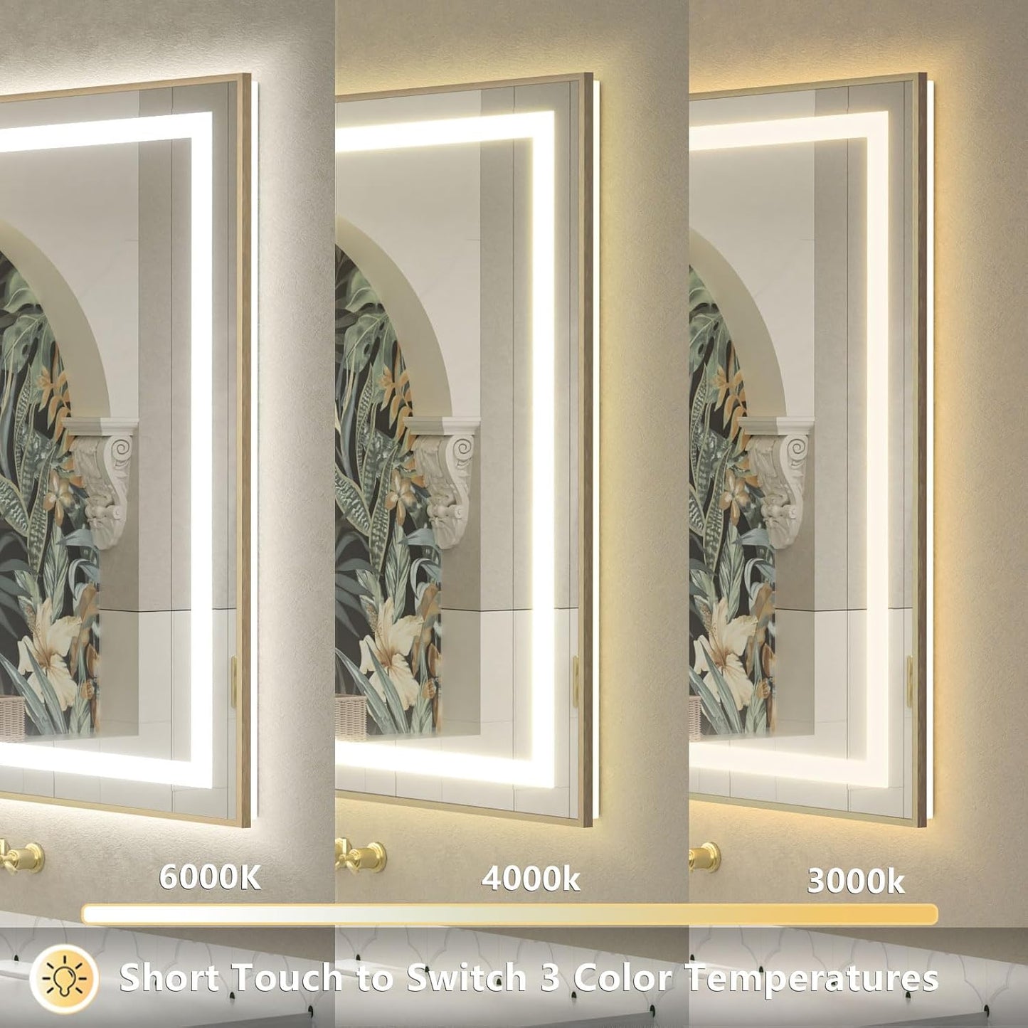 OKPAL 44x32 Gold Lighted Bathroom Mirror with Lights, Frontlit & Backlit LED Bathroom Mirror, Lighted Vanity Mirror, Anti-Fog, Dimmable 3 Colors, Shatterproof, Horizontal/Vertical