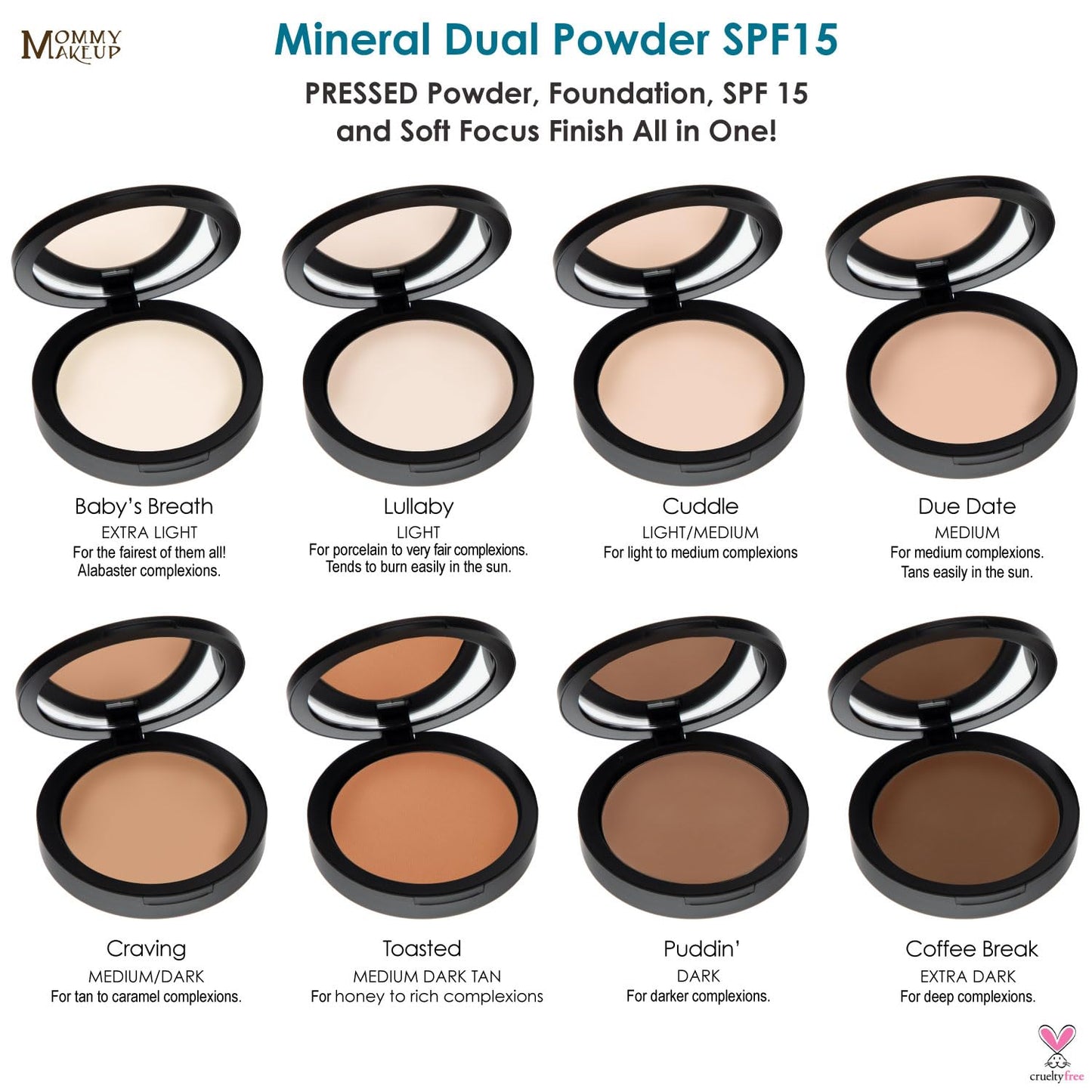 Mineral Dual Powder in Lullaby (Light) | 4-in-1 Pressed Mineral Foundation with SPF 15 for Flawless Glow & Soft Looking Skin | Oil Free, Talc Free, Gluten Free | 0.45 Oz | by Mommy Makeup