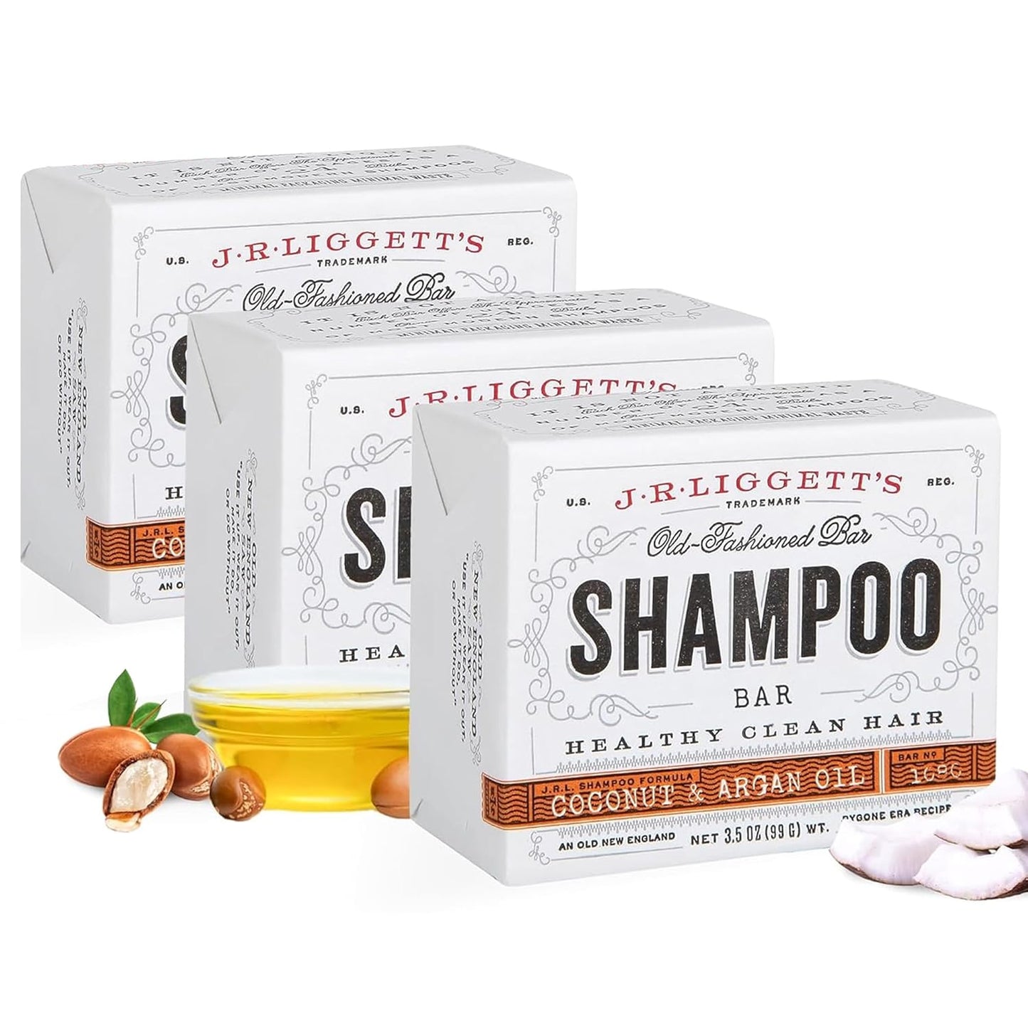 J·R·LIGGETT'S Shampoo Bar - Coconut & Argan Oil, All Natural Solid Shampoo for Hair with Olive Oil & Castor Oil, Sulfate Free, GMO Free, Restores Shine, Reduces Frizz, Manageable Hair, 3.5 oz - 3 Pack