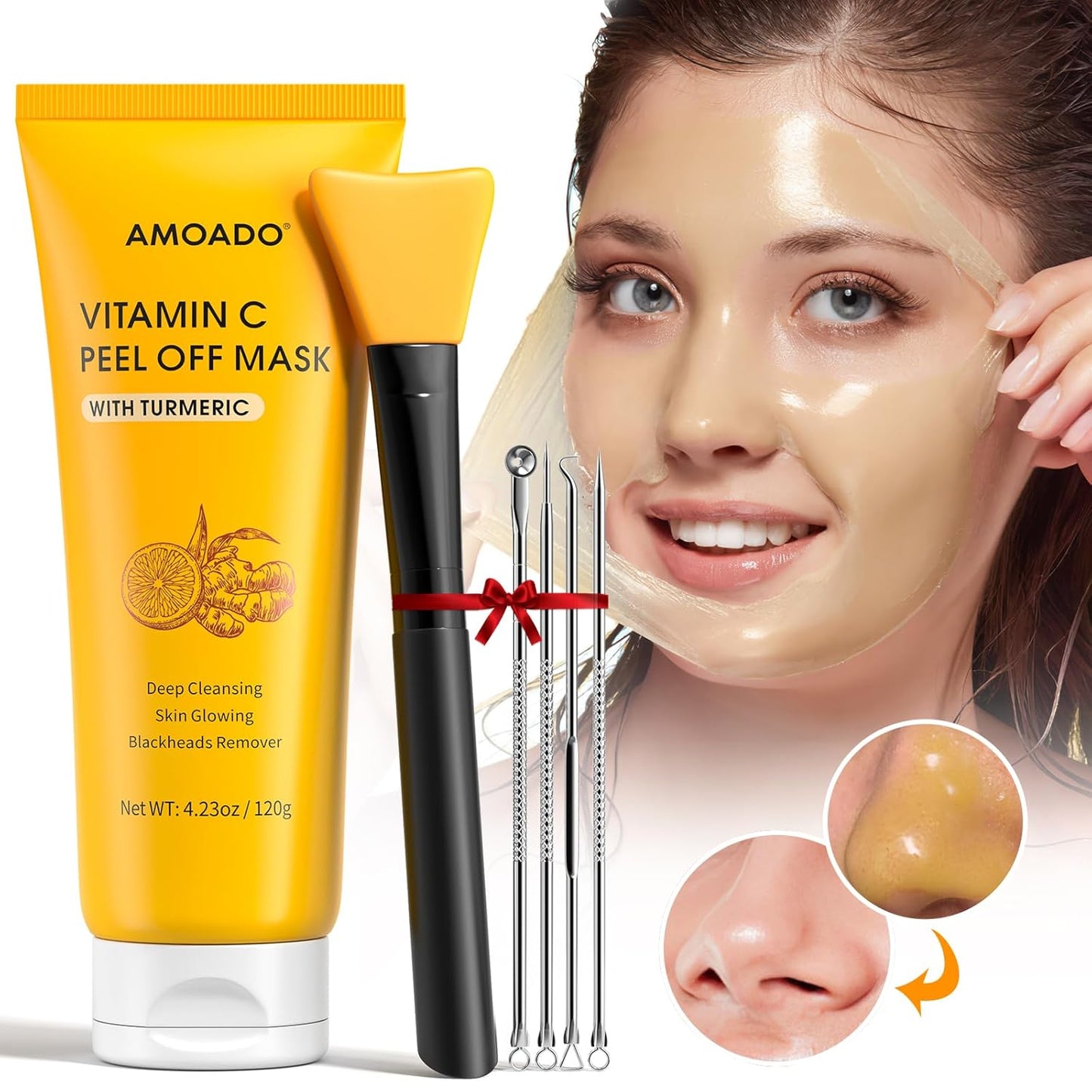 Blackhead Remover Mask, Peel Off Face Mask with Vitamin C & Turmeric for Men and Women–Deep Cleansing Nose Facial Mask for Blackheads, Pores & Oil Control with Pimple Extractor and Brush