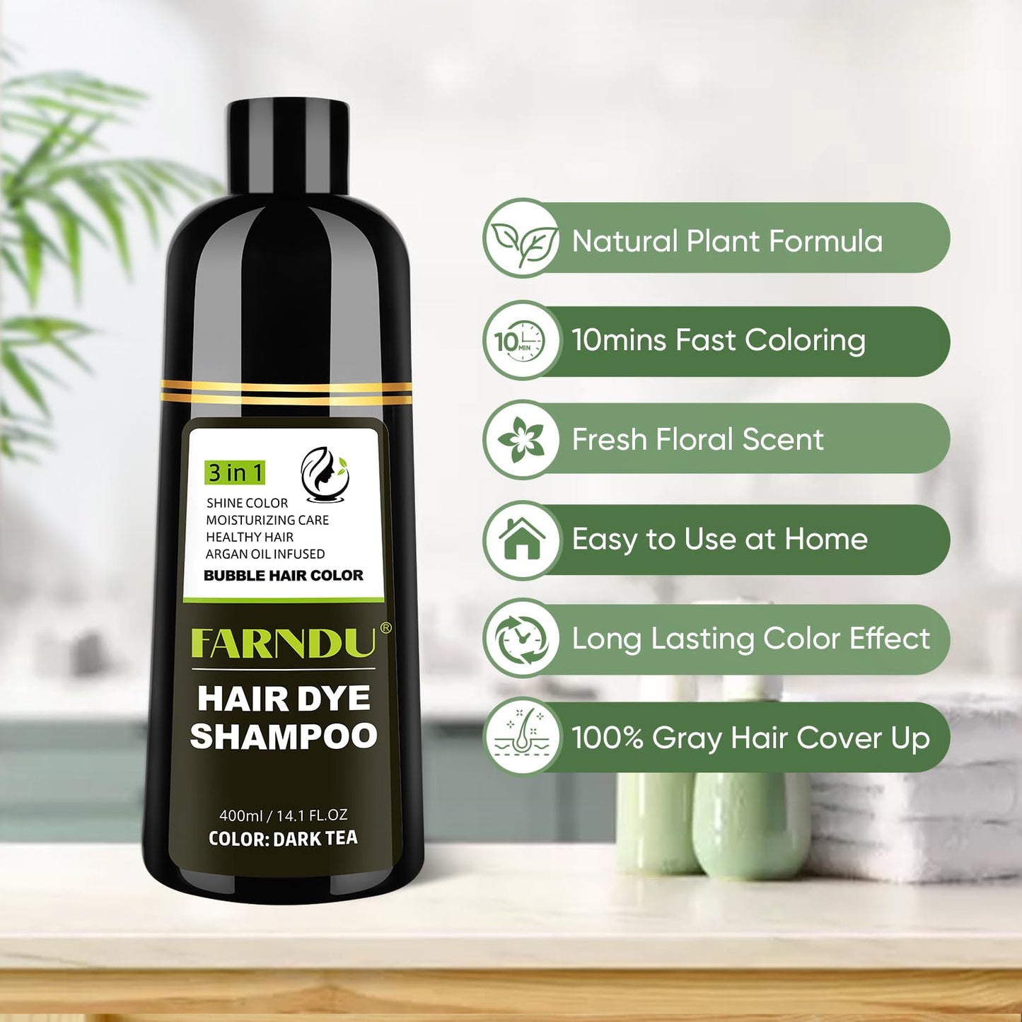 Dark Tea Hair Dye Shampoo for Women & Men, Gray Coverage Herbal Natural Ingredients 3 In 1 Color Shampoo