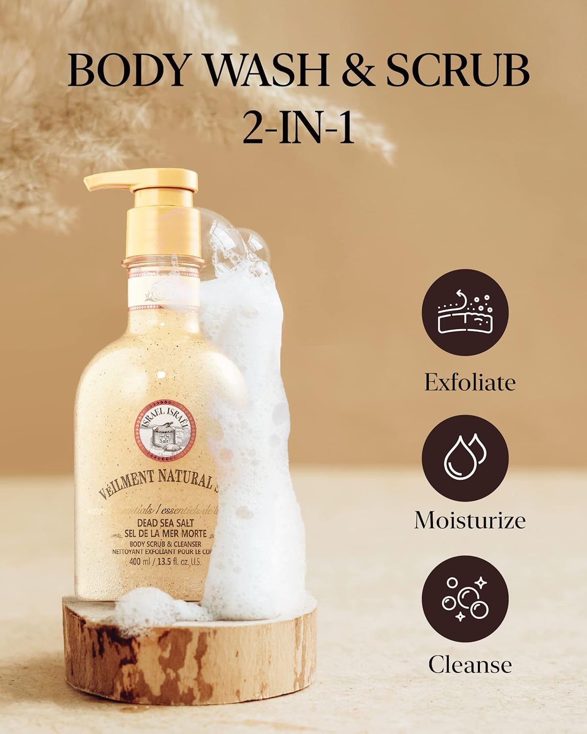 NATURAL SPA DEAD SEA SALT 2-in-1 BODY WASH & BODY SCRUB(13.53fl.oz) - Natural Exfoliating Salt Scrub for Deep Cleansing - Effective on Scars & Wrinkles - Moisturize Skin Polishes