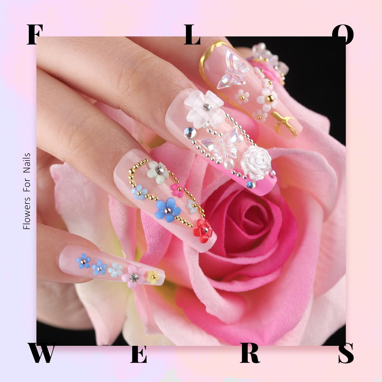 3D Nail Charms, Butterfly Colorful Acrylic Flower Starry AB Gemstones Caviar Beads Half Round Pearl, Flat Back Glass Crystal AB + Clear Round Rhinestones for Nails with Pickup & Dotting Tools