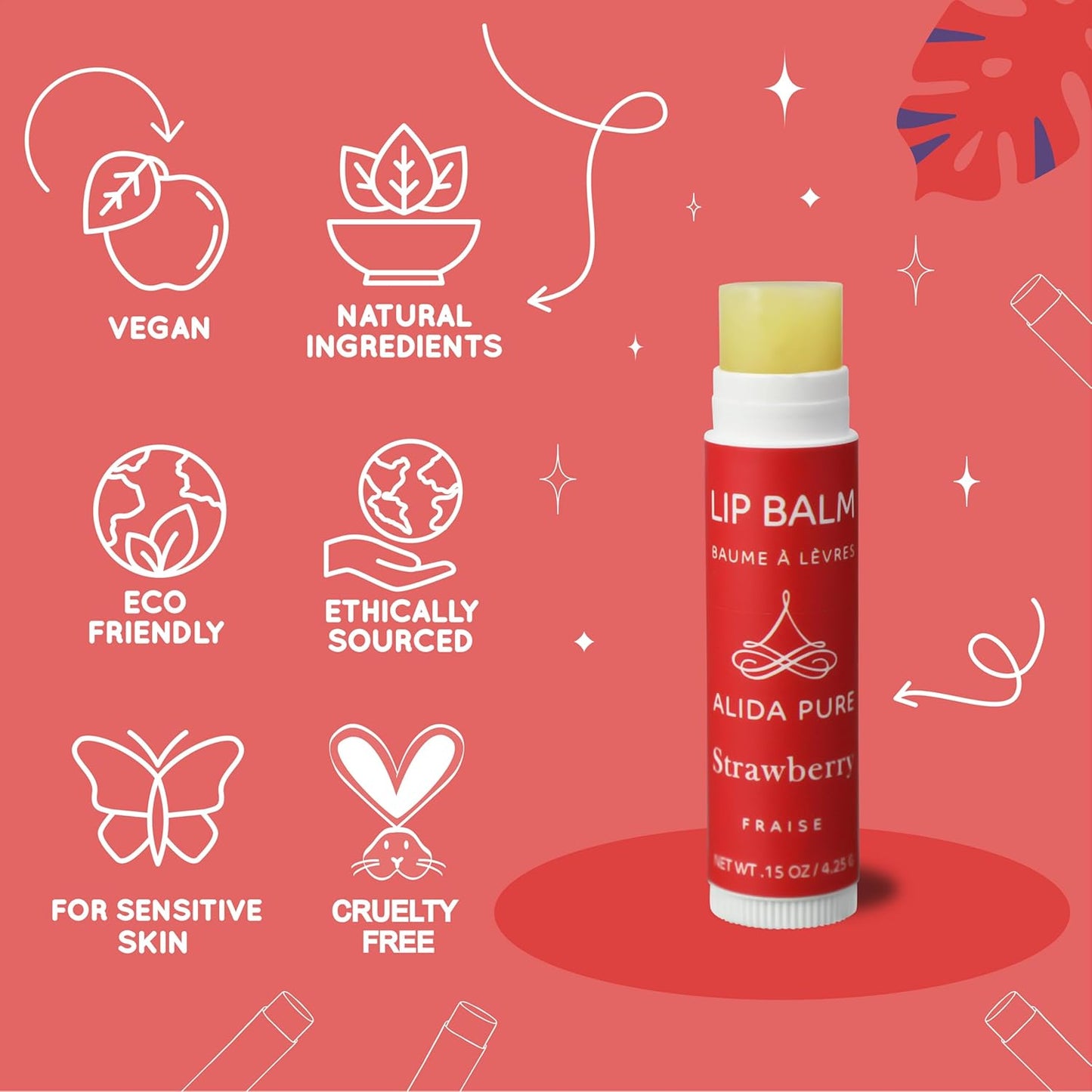 Strawberry Lip Balm Collection, Vegan Set, Beeswax Free, with Organic Jojoba and Avocado Oil, Vitamin E, Natural Moisturizer for Dry, Chapped Lips, 3 Tube Set