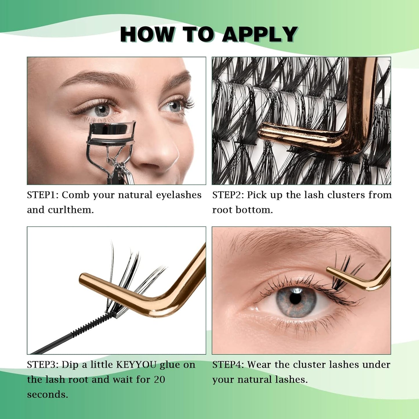 Lash Clusters 300pcs Individual Lashes 50D 0.07D Curl 14mm DIY Eyelash Extension KEYYOU Large Tray Volume Soft&Natural Cluster Lashes(50D-0.07D,14）