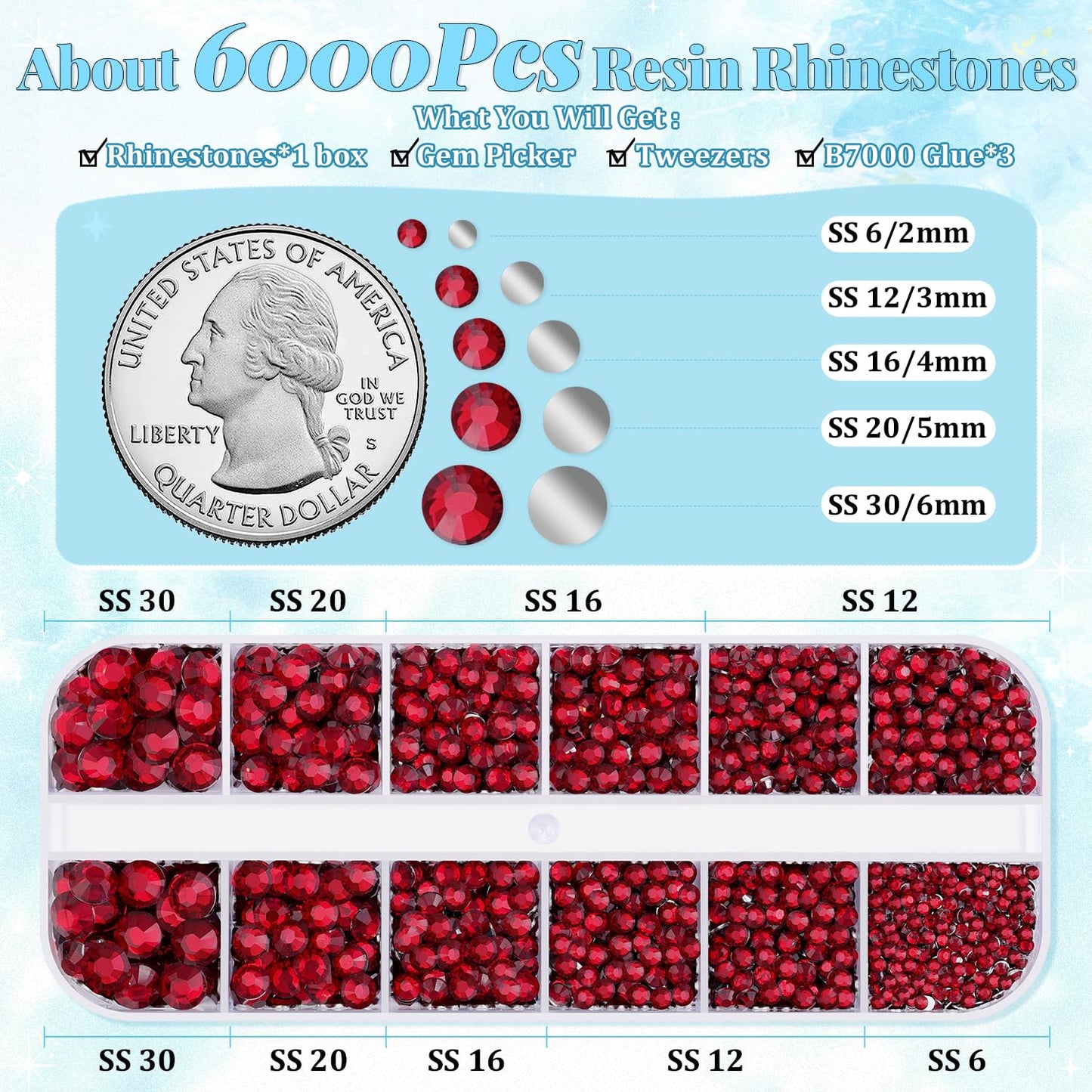 6000Pcs Resin Rhinestones for Bedazzling with 3Pcs B7000 Jewelry Glue, 1 Box Dark Red Flatback Rhinestones for Crafting Crafts DIY, Crystals Gems for Clothing Shoes Tumblers Nail Art Makeup