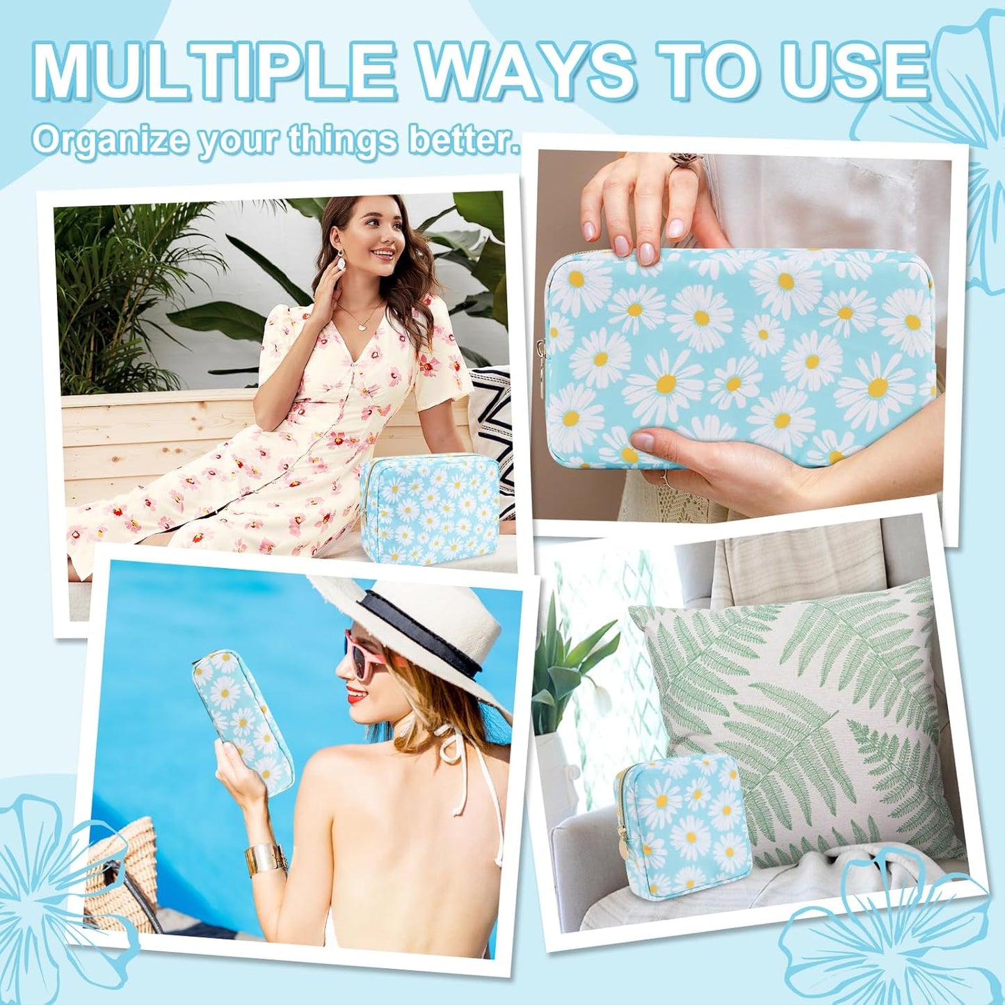 Waterproof Small Floral Pencil Case Makeup Bag for Purse,Cute Flower Pencil Pouch Preppy Nylon Makeup Brush Holder with Zipper,Girls Portable Storage Case Small Pen Bag for Work(Slim Blue-Daisy)