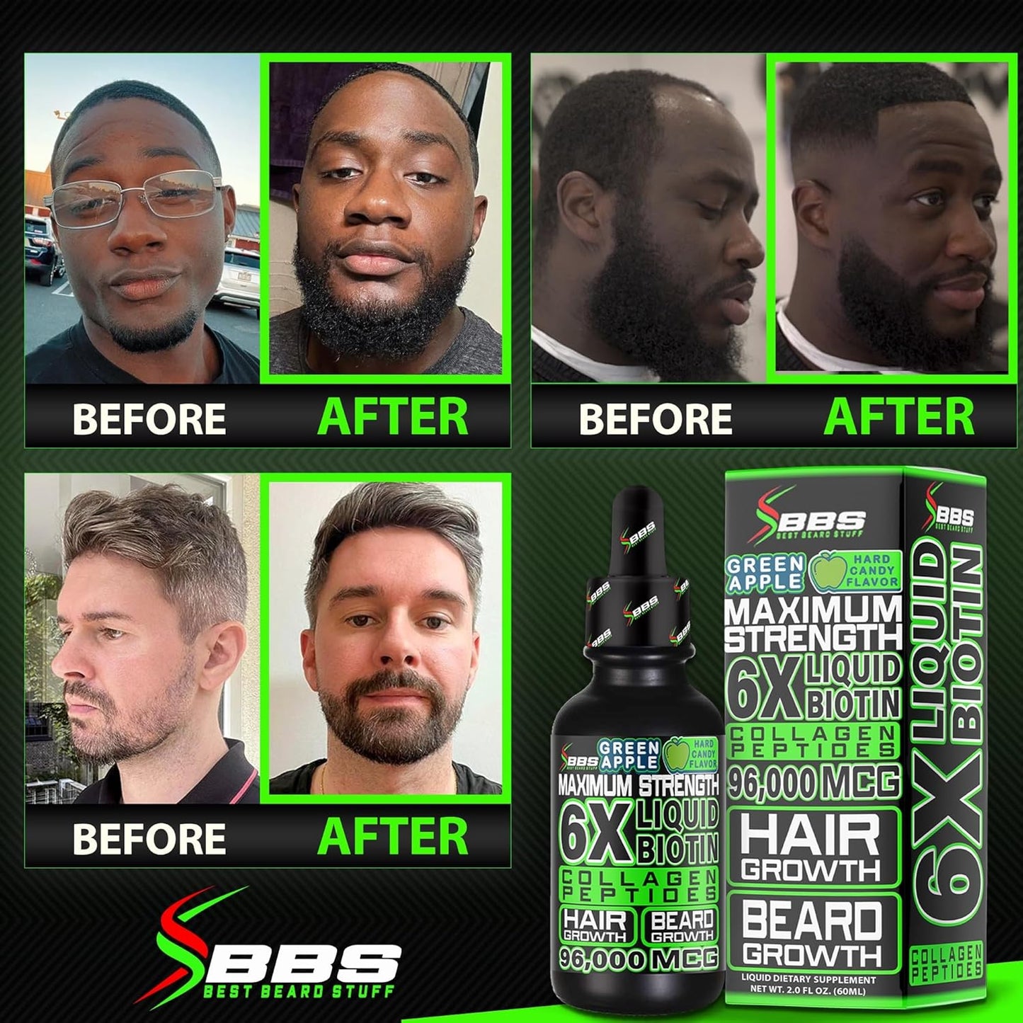 Liquid Biotin Collagen Peptides for Beard Growth and Thickening - Men's Beard and Hair Growth Supplement - Biotin Liquid Drops 96,000mcg 6X More Absorption