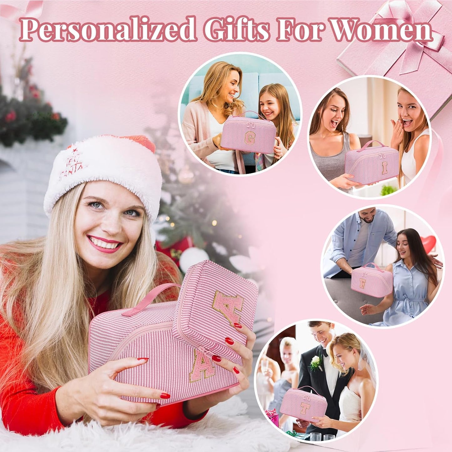 Travel Makeup Bag for Women, 2Pcs Portable Personalized Initial Makeup Organizer Bag, Open Flat Large Cosmetic Bag With Travel Essential Pouch (Pink Letter G)