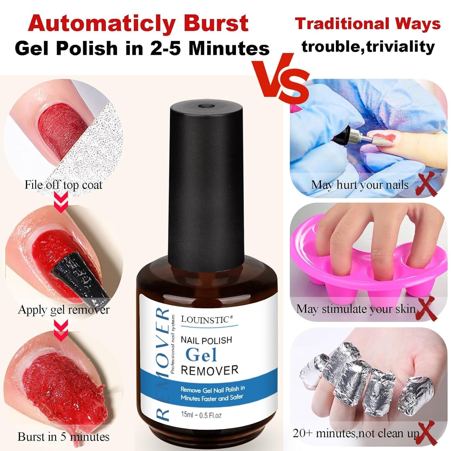 2PCs Gel Nail Polish Remover - 30ML,Fast & Easy, with Roller Cuticle Oil, No Need to Wrap and Soak, Remove Gel Polish in 2-5 Minutes at Home, No Damage to Nails, with Cuticle Pusher Tool,Nail File