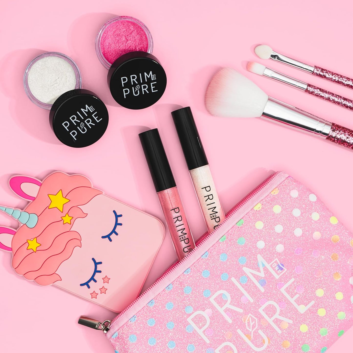 Prim and Pure Mineral Gift Set with Unicorn Mirror| Perfect for Play Dates & Birthday Parties | Kids Eyeshadow Makeup – Mineral Blush | Organic & Natural Makeup Kit for Kids| Made in USA (Pink)