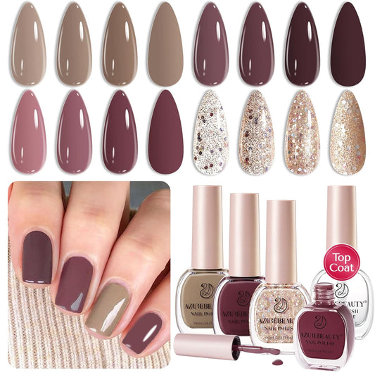 AZUREBEAUTY Nail Polish Set 4 Colors Nude Purple Glitter Nail Polish Quick Dry Natural Nail Lacquer Fingernail with Top Coat DIY Salon Home