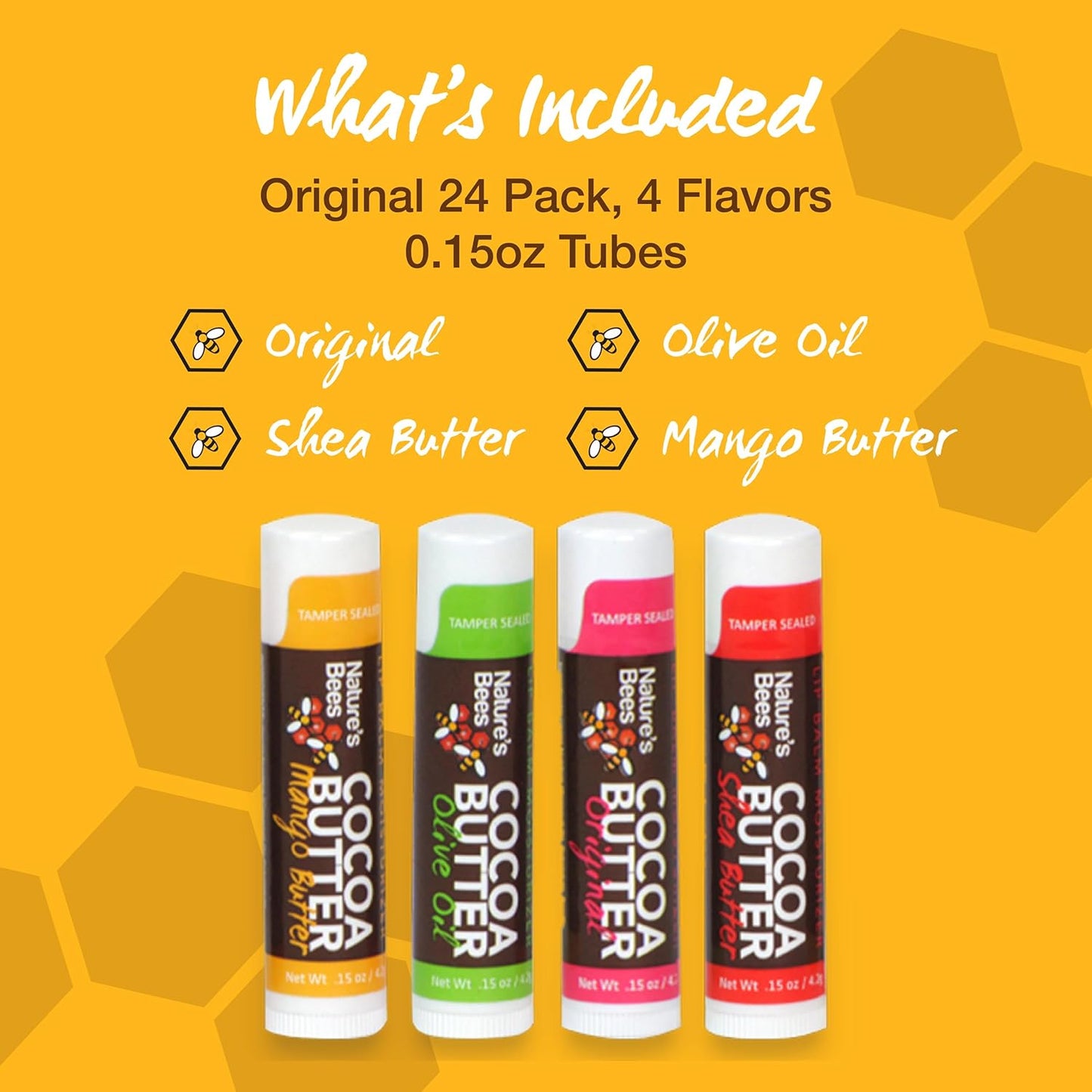 Nature's Bees Cocoa Butter Lip Balm Moisturizer, 24 Pack with 4 Flavors, Original, Shea Butter, Mango Butter, and Olive Oil, Made with Coconut Oil, Beeswax, Vitamin E and Aloe, 0.15 oz