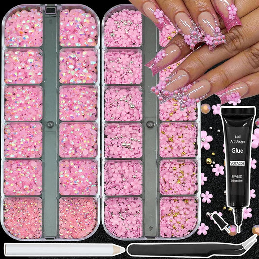 Flatback Nail Art Rhinestones Flower Nail Charms with AB Rhinestones Glue Gel Pink Nail Supplies Accessories Gems Resin Rhinestones for Bedazzling Crafting & Women Nails Design Decor