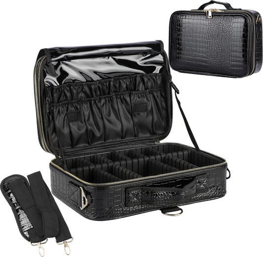 JOURMON Travel Makeup Case 3 Layers Makeup Train Case Crocodile Makeup Bag Organizer Portable Artist Storage Bag with Adjustable Dividers and Shoulder Strap