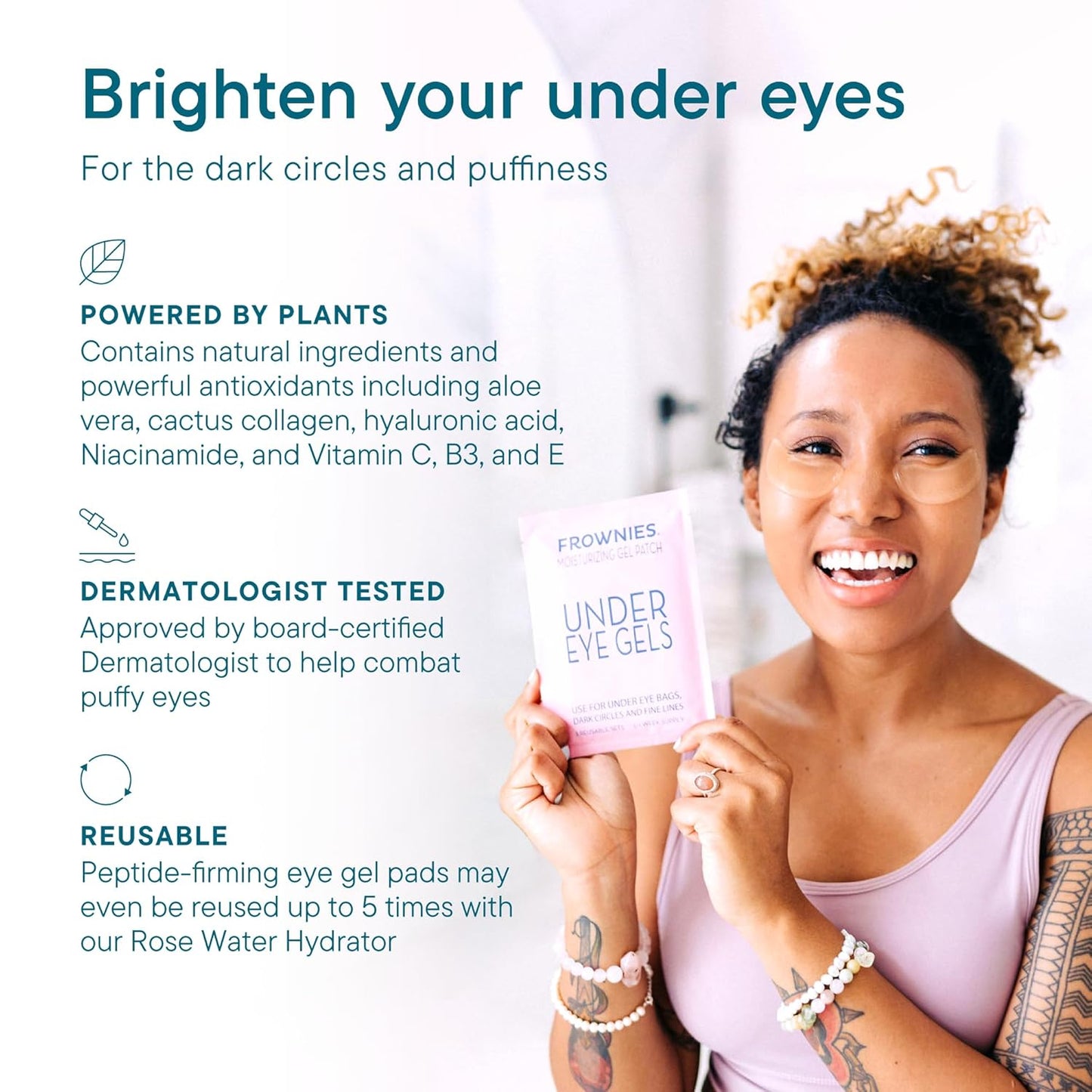 Frownies Under Eye Gel Patches for Puffy Eyes - Under Eye Patches for Dark Circles with Cactus Collagen - Under Eye Mask for Dark Circles and Puffiness - Reusable, 3 Pack
