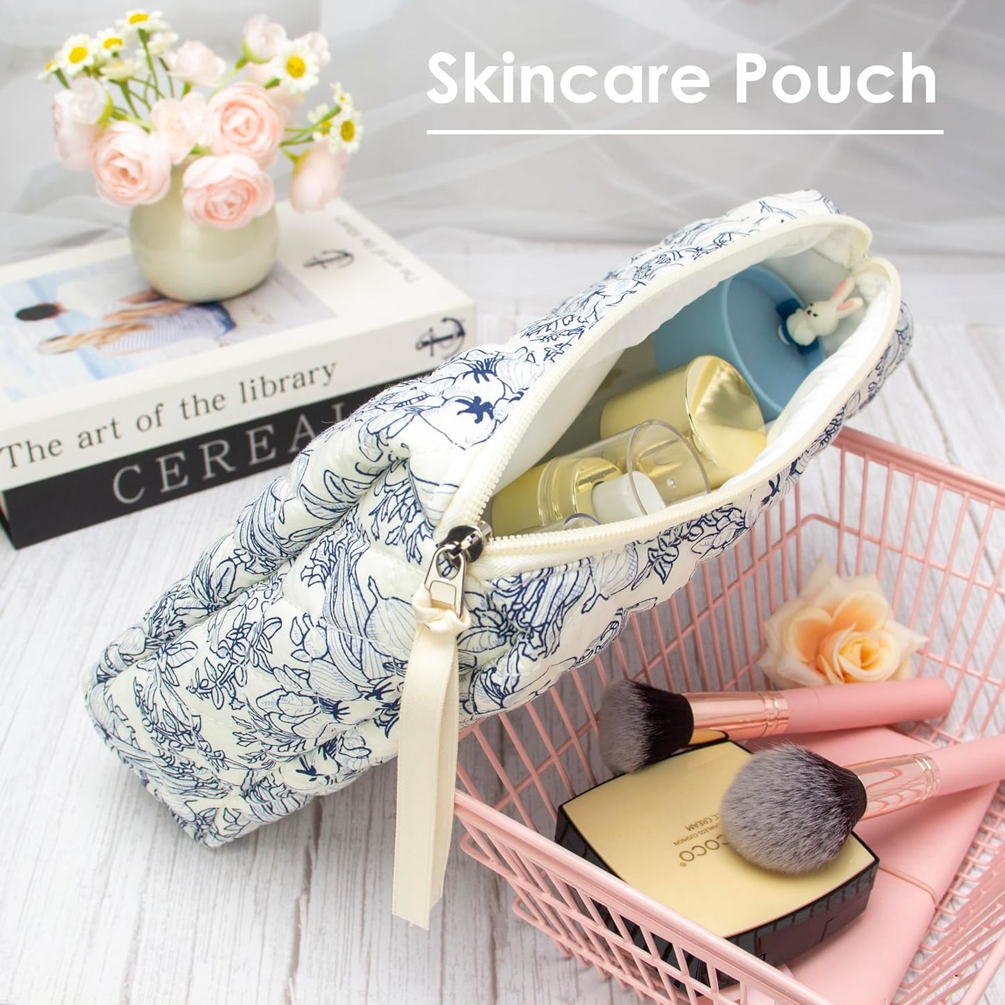 PAZIMIIK 3PCS Makeup Bag SET Large Travel Quilted Zipper Soft Cosmetic Case Pouch for Women Girls Make Up,Flower White