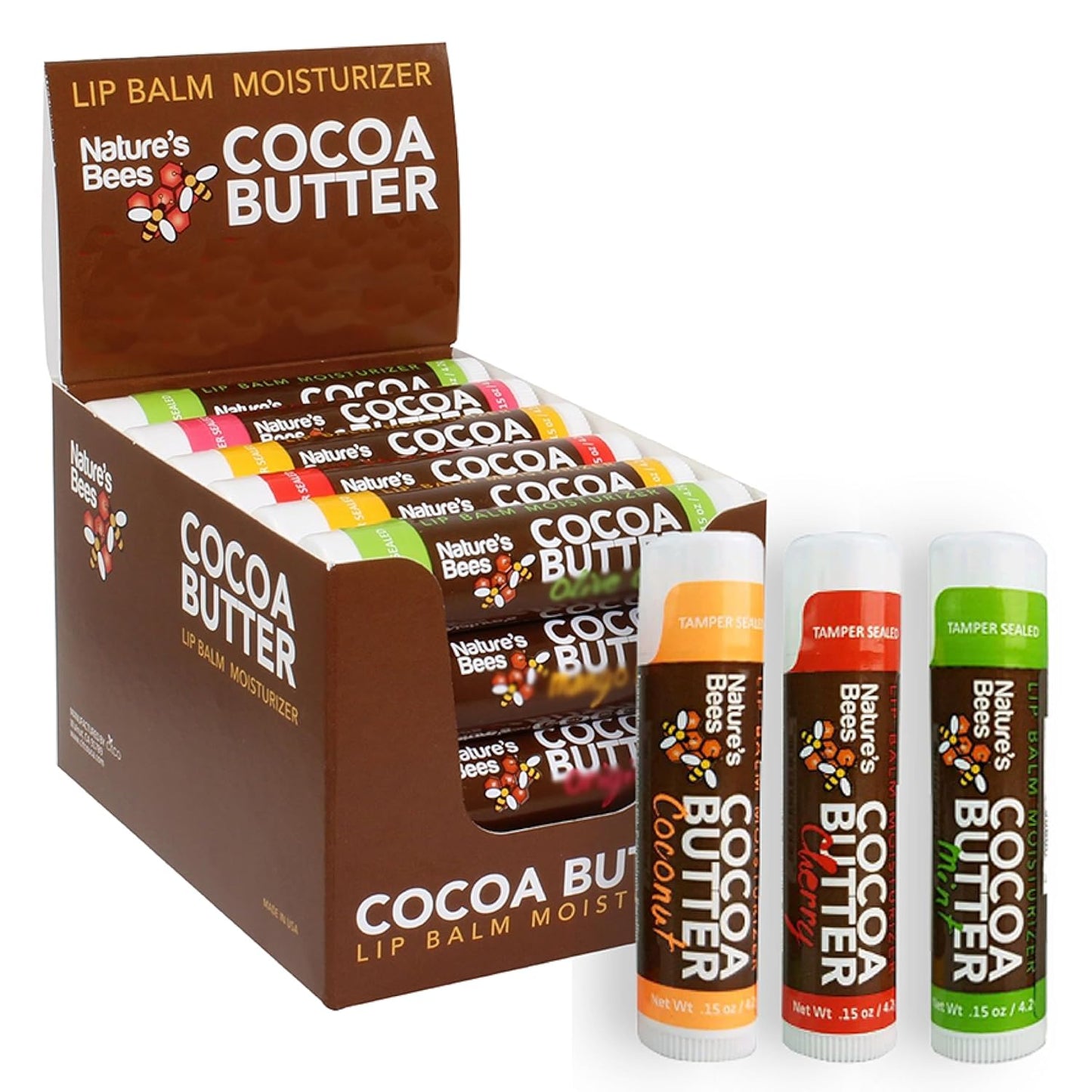 Nature's Bees Cocoa Butter Lip Balm, Lip Care for Dry Lips, Made with Coconut Oil, Beeswax, Vitamin E, Aloe, and Shea Butter, 0.15 oz Each, 3 Flavors Coconut, Cherry, and Mint, 24 Pack