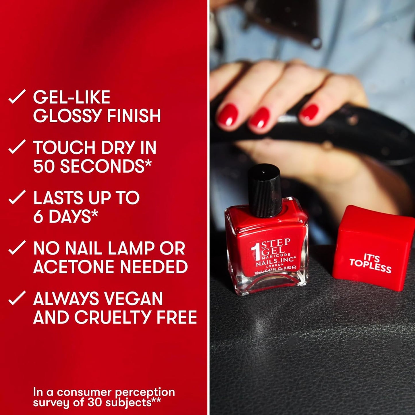 Nails Inc It's Topless Gel-Like Nail Polish, 4-in-1 Base Coat, Treatment, Color & Top Coat, Long Lasting, Strong, Chip Free Nails, Glossy Salon Quality Manicure, Air Dry Nail Polish, Miley, 0.47 Fl Oz