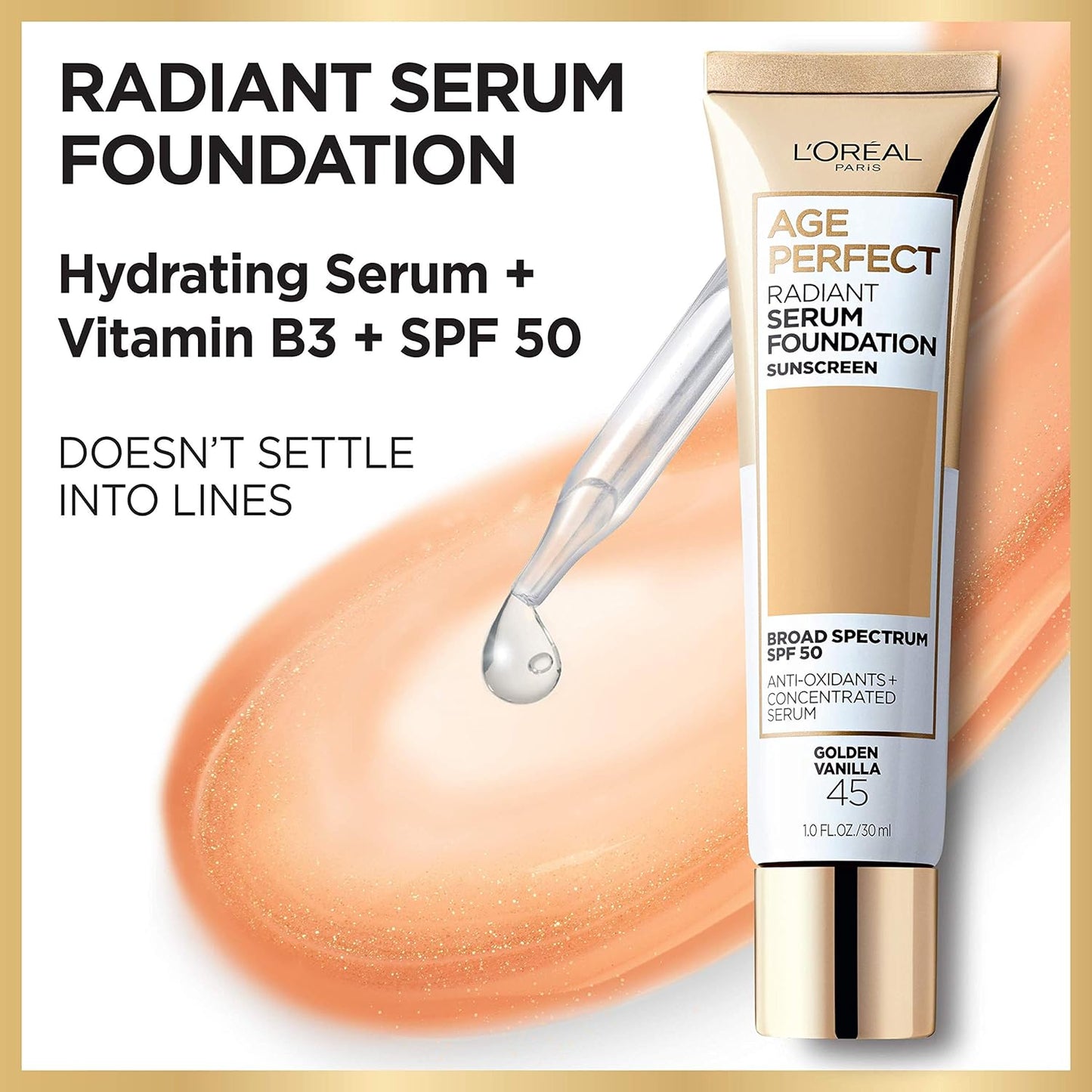 L'Oreal Paris Age Perfect Radiant Serum Foundation with SPF 50, Natural Buff, 1 Ounce