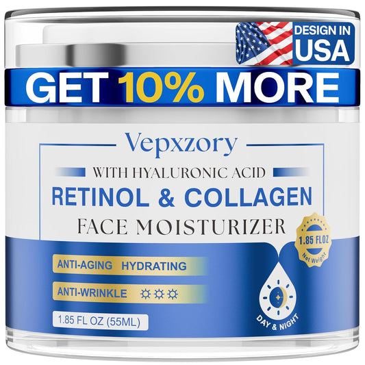 Face Moisturizer Retinol Cream For Face, Collagen Anti Aging Face Cream, Day-Night Neck Cream With Hyaluronic Acid, Wrinkle Cream For Women & Men Reduces Wrinkles, Dryness, 1.85 Fl. Oz