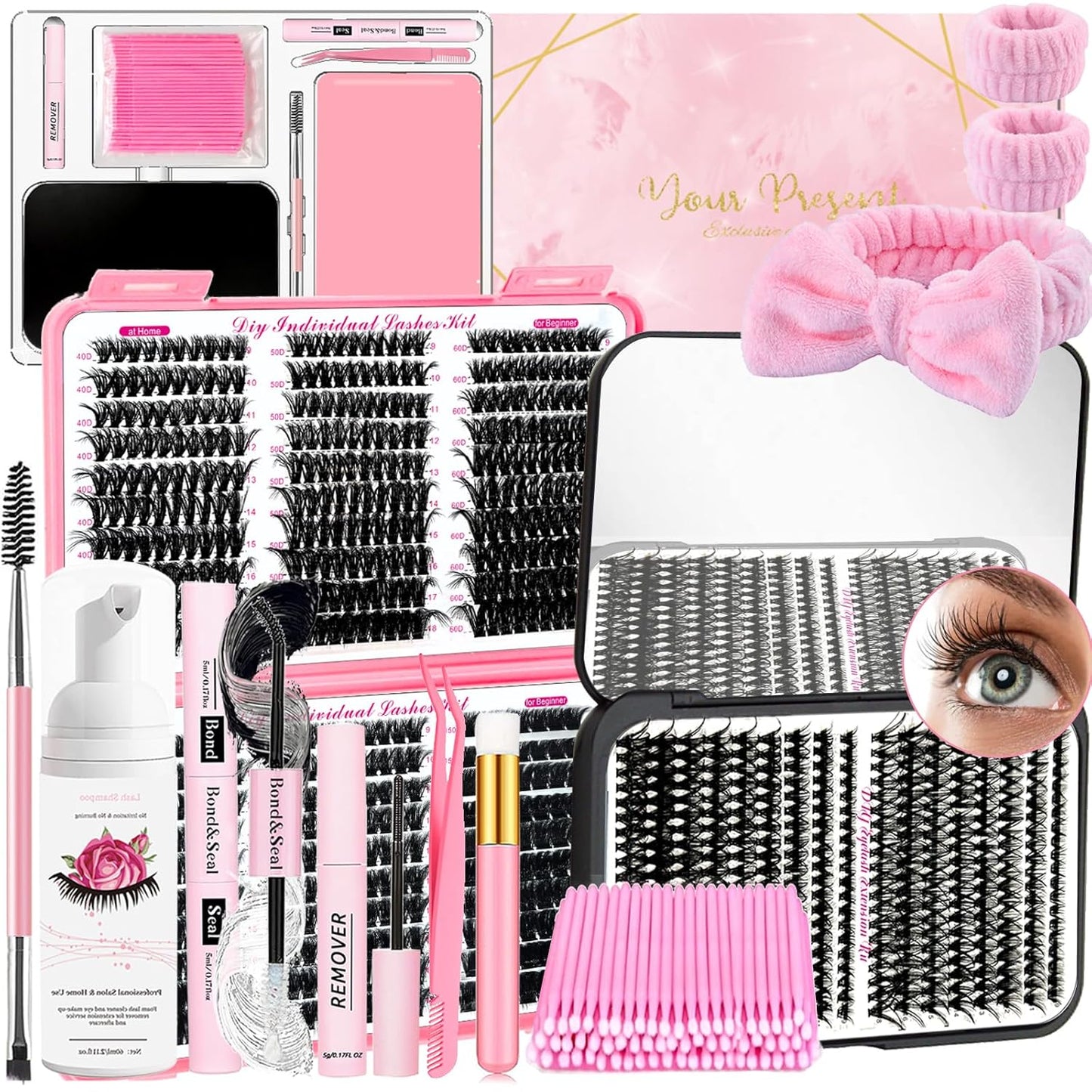 DIY Lash Extension Kit 900Pcs D Curl 9-18mm Lash with Lash Bond and Seal,Quick Glue Remover Lash Shampoo Cleansing Brush Wristband Tweezers Eyelash Brush Mini Applicator